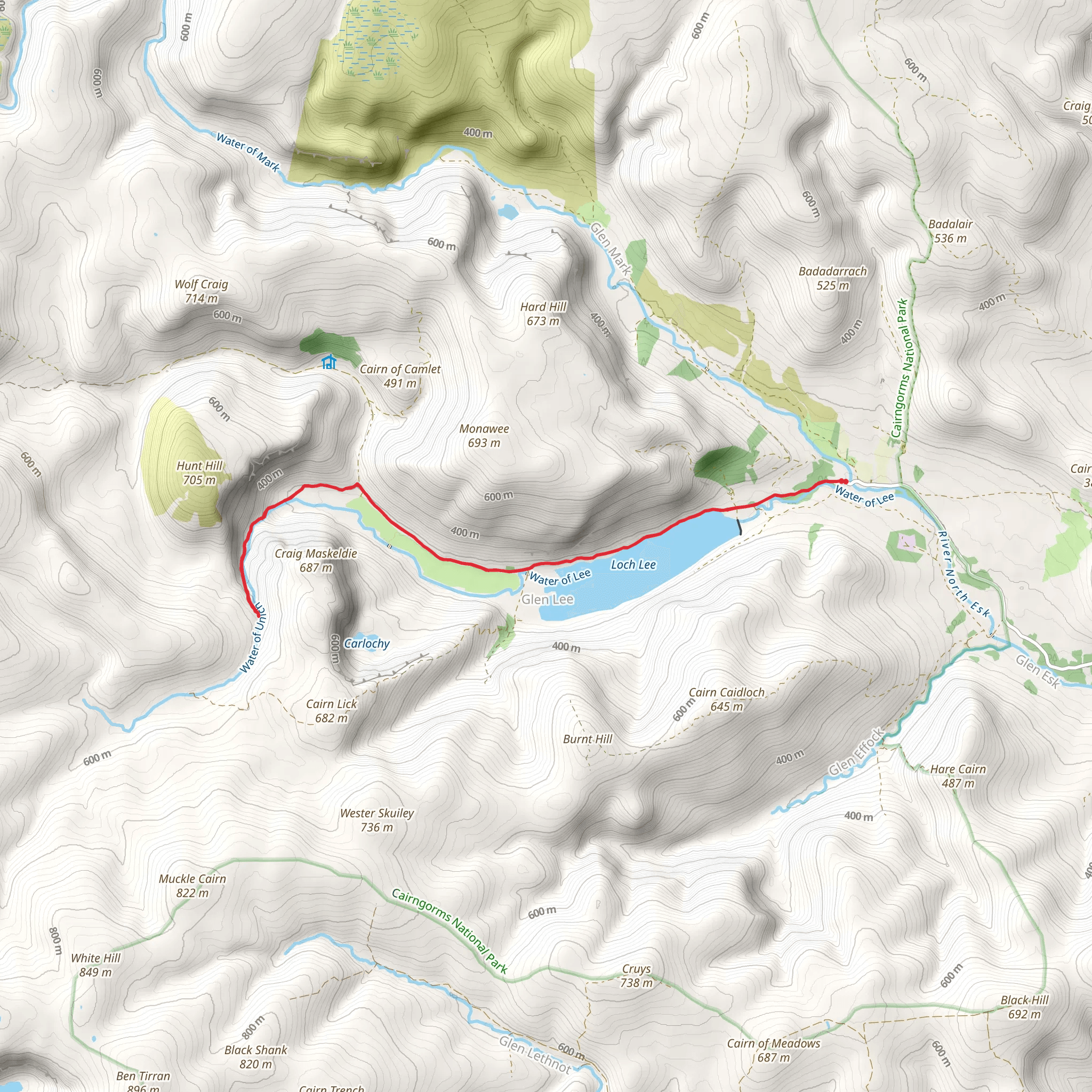 Invermark to Loch Lee, Falls of Unich and Falls of Damff mobile static map