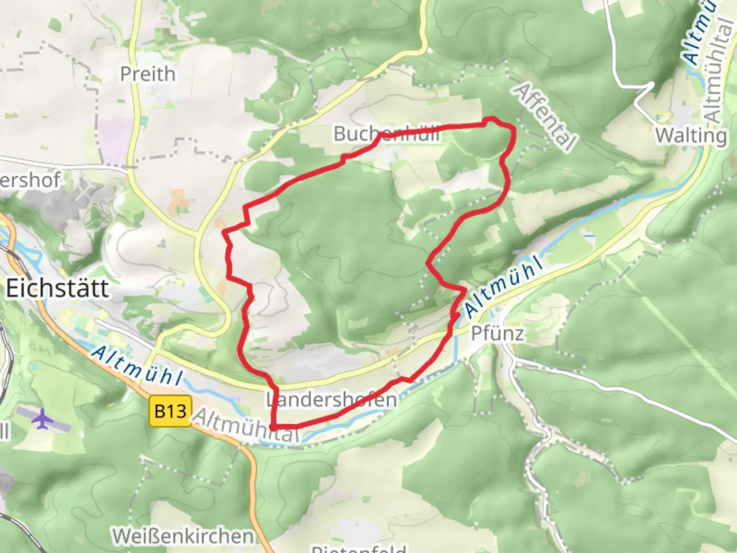 An image depicting the trail Wallfahrerweg and Feuchtgebiets Lehrpfad Pfuenz Loop and its surrounding area.