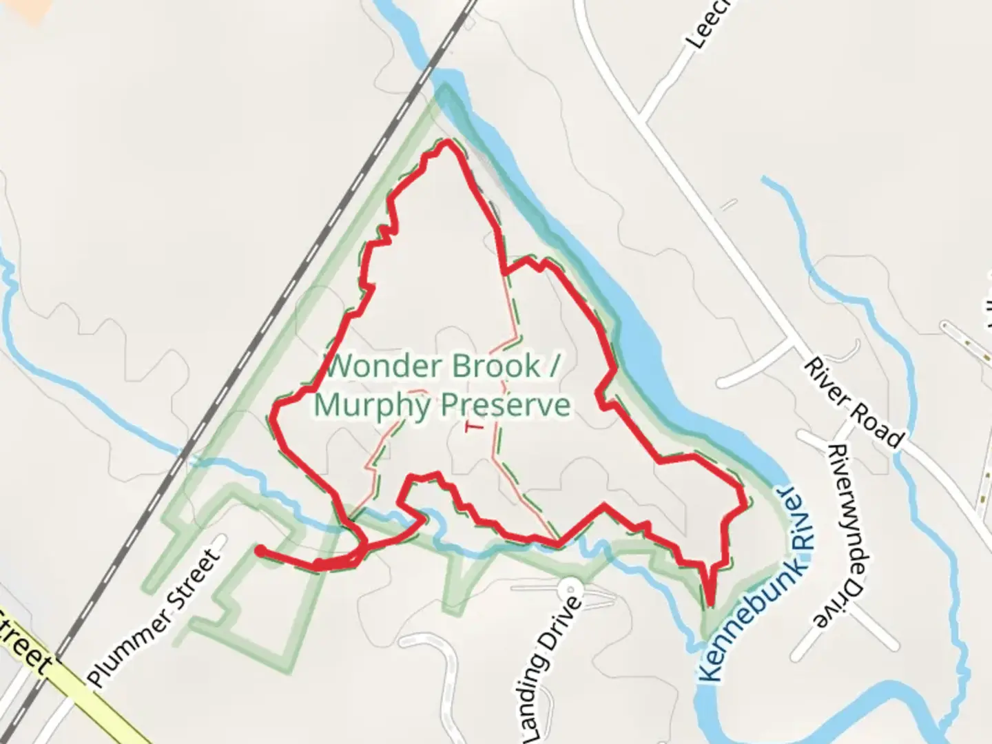 An image depicting the trail Kennebunk River via Wonderbrook Trail Loop and its surrounding area.