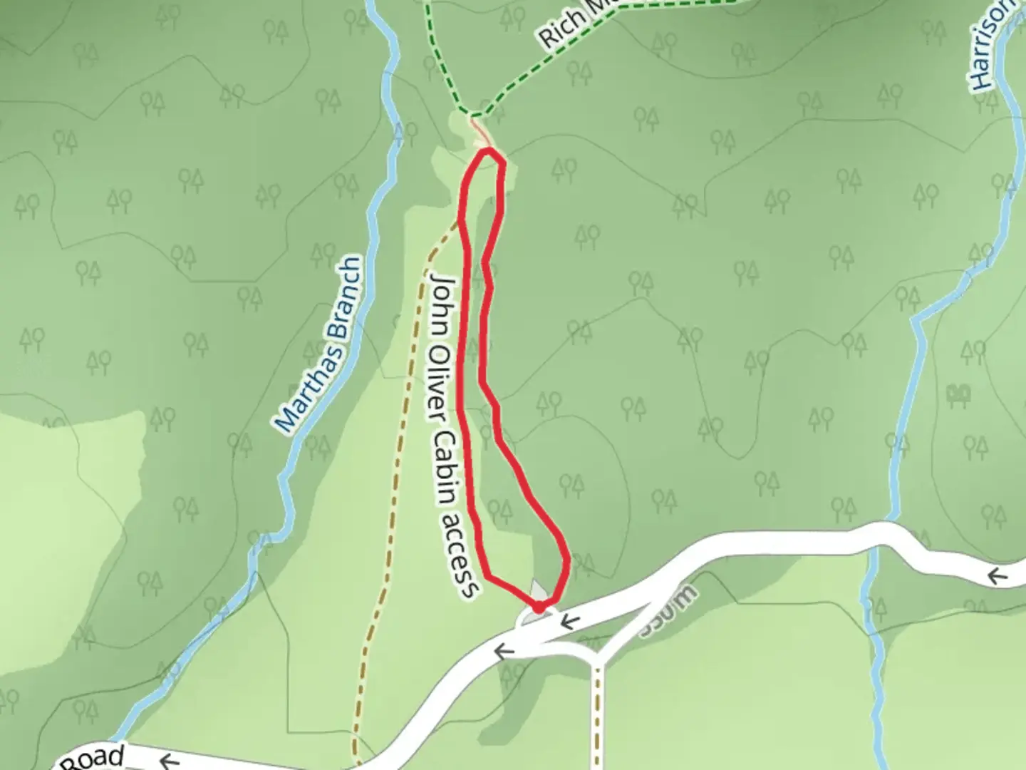 An image depicting the trail John Oliver Cabin access Loop and its surrounding area.