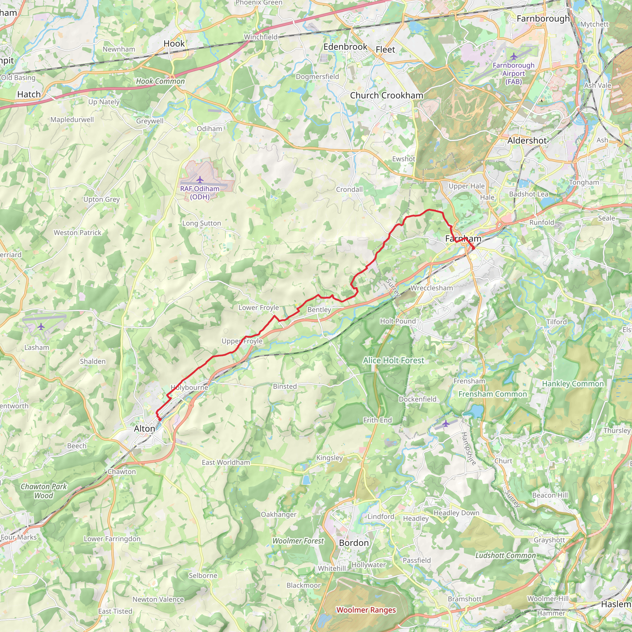 Alton to Farnham Walk mobile static map