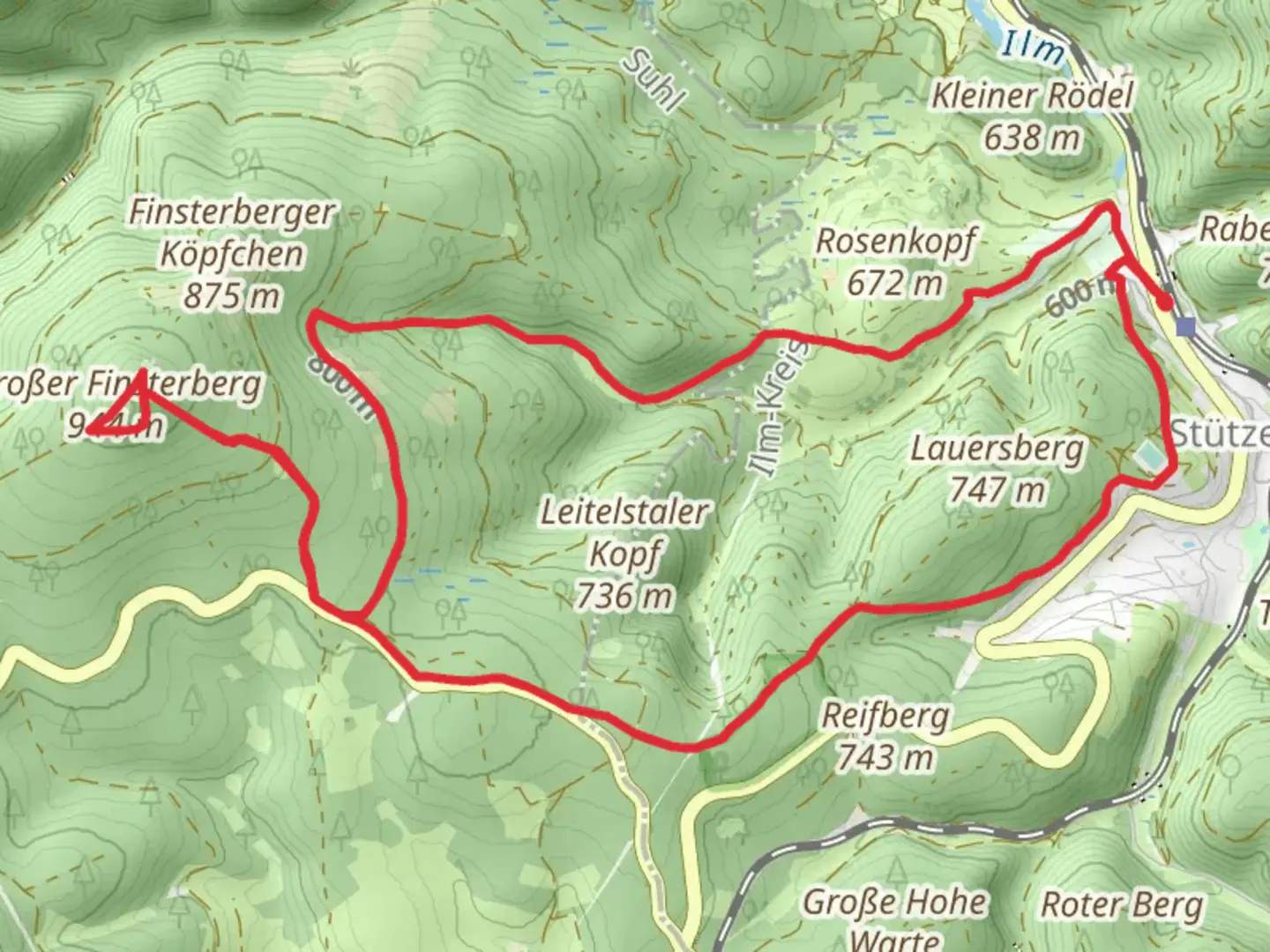 An image depicting the trail Finsterberghuette, Grosser Fiensterberg and Taubach via Terrainkurweg and its surrounding area.