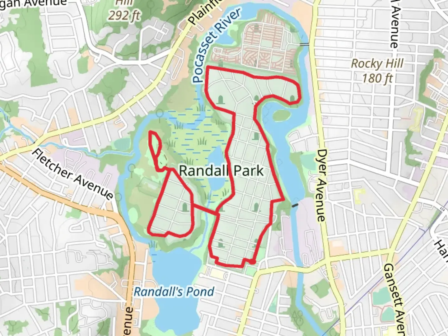 An image depicting the trail Loop around Dyer Pond and its surrounding area.