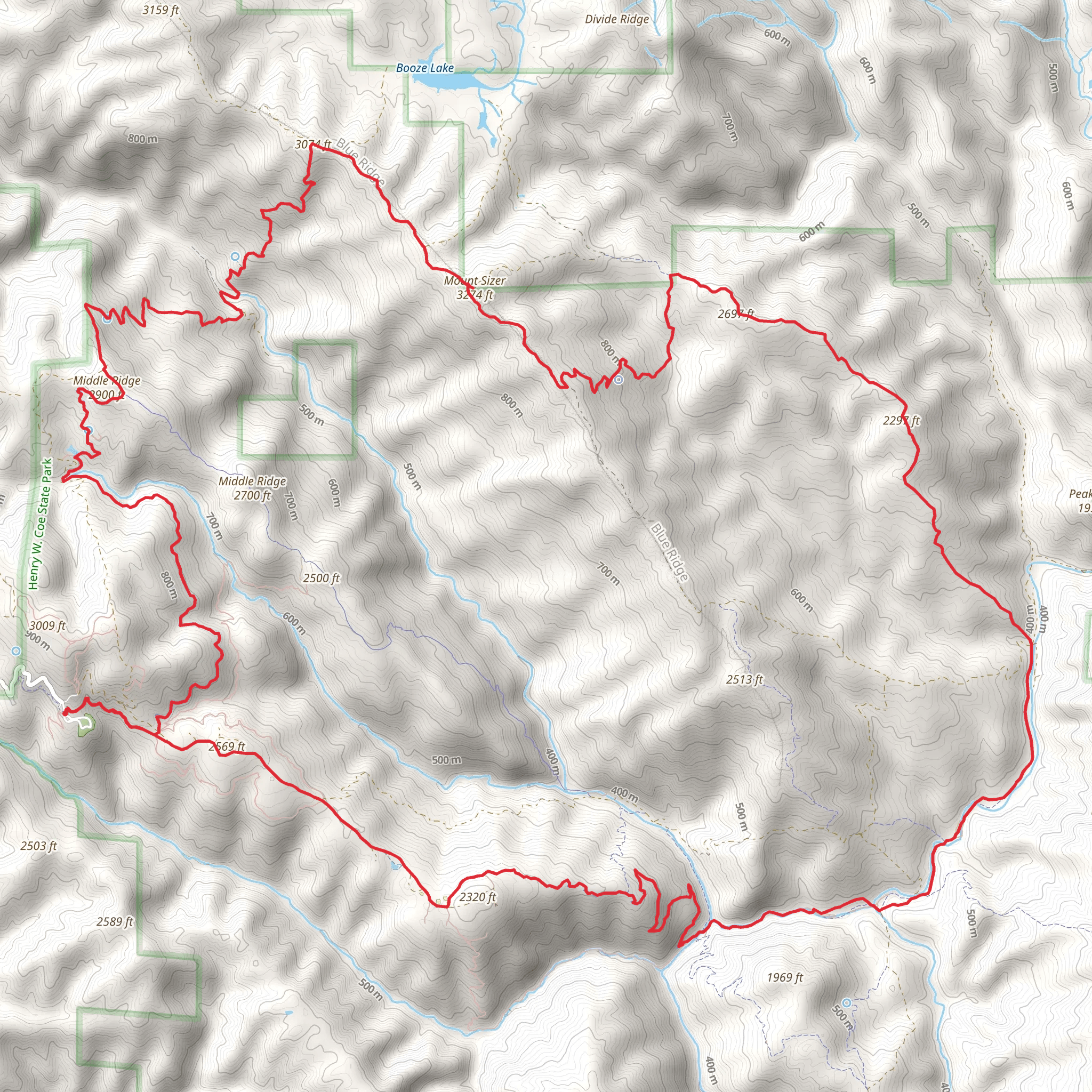 Middle Ridge, Blue Ridge, Mount Sizer, China Hole and Corral Loop Trail mobile static map