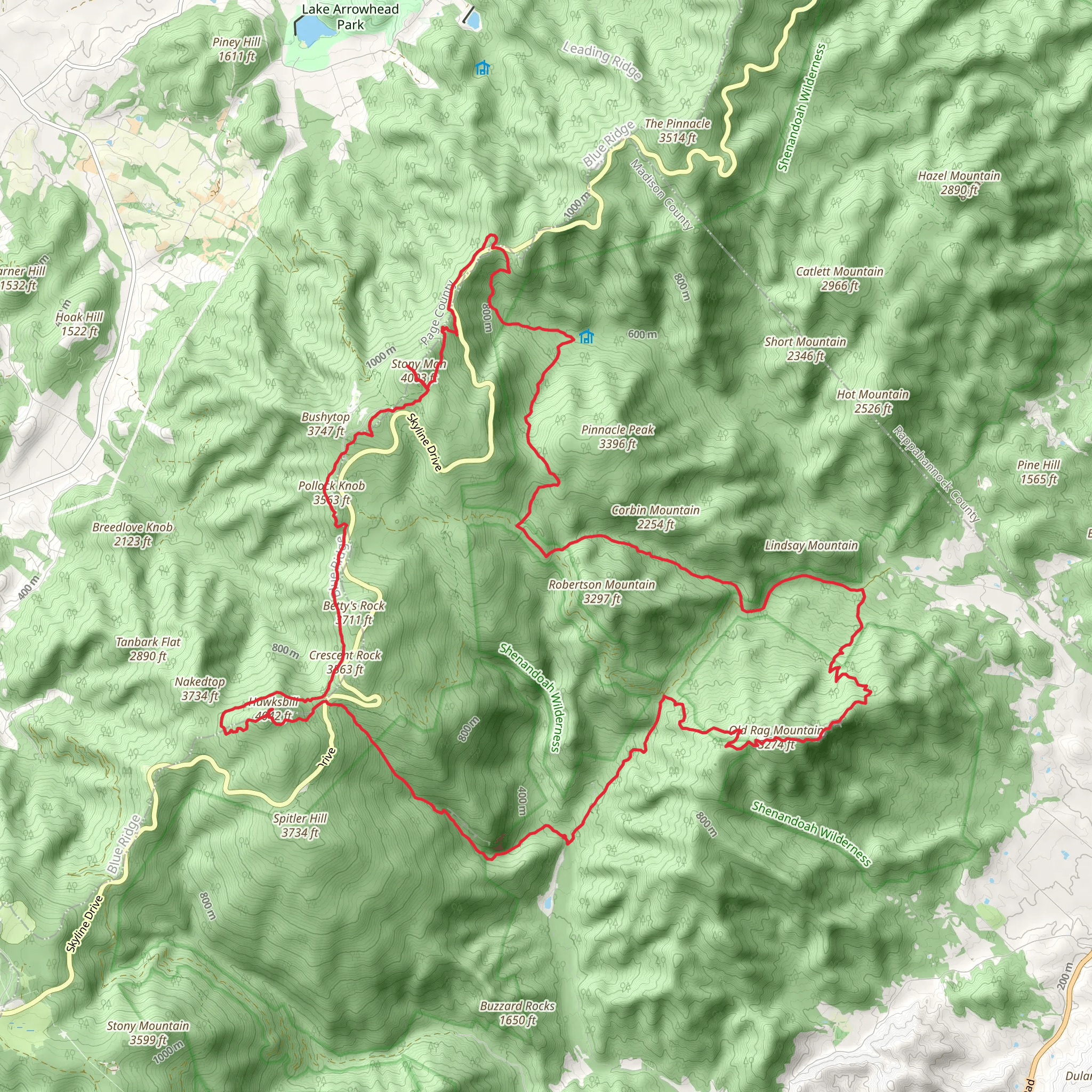 Cedar Run, Hawksbill, Stony Man, Corbin Hollow and Old Rag Mountain Loop Trail mobile static map