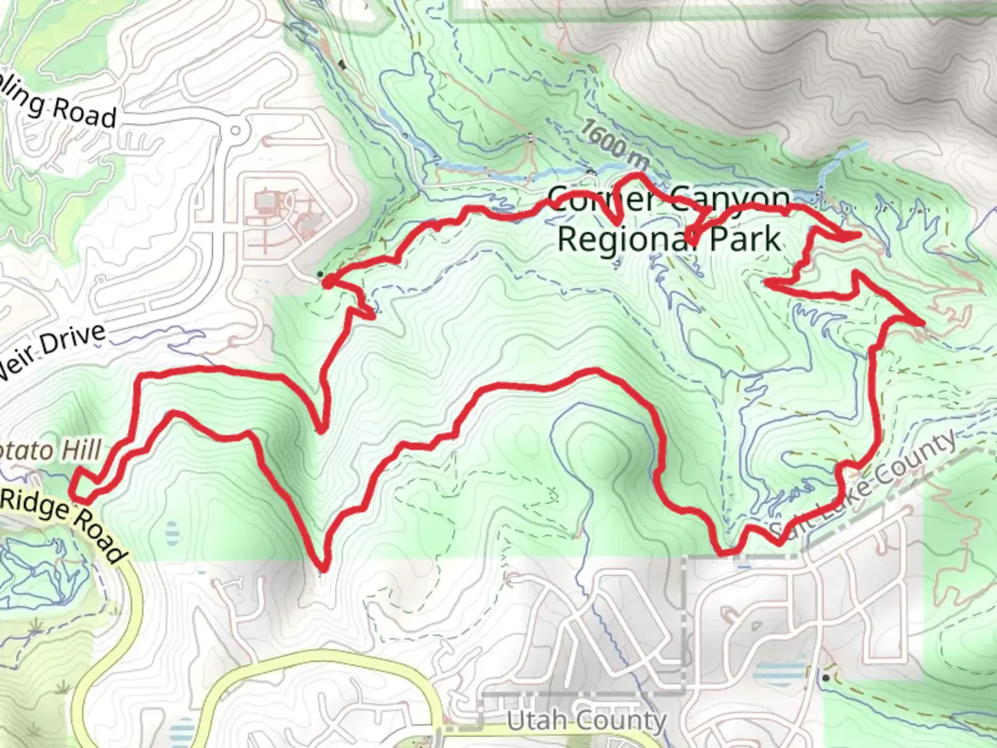 An image depicting the trail Coyote Hollow, Ann's Trail and Potato Hill Trail and its surrounding area.