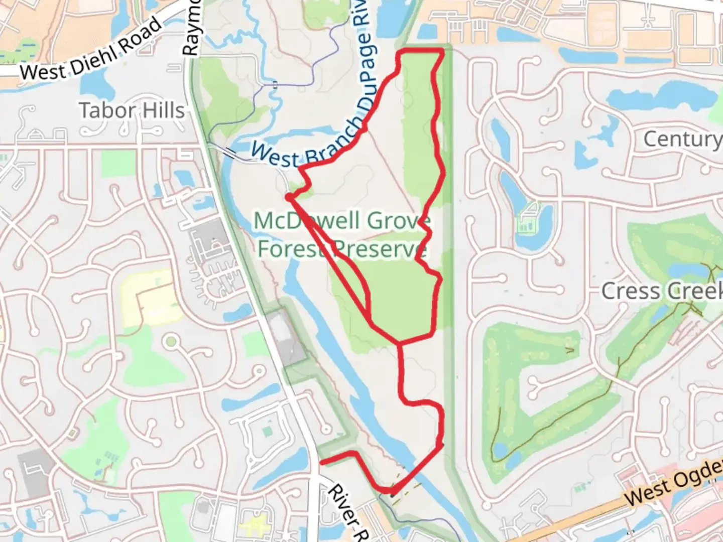 An image depicting the trail McDowell Grove Forest Preserve Loop and its surrounding area.