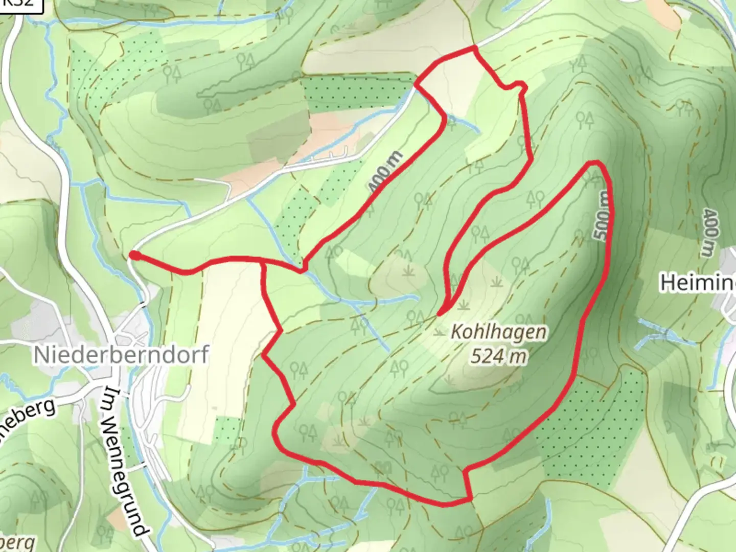 An image depicting the trail Niederberndorf Rundweg NB2 and its surrounding area.