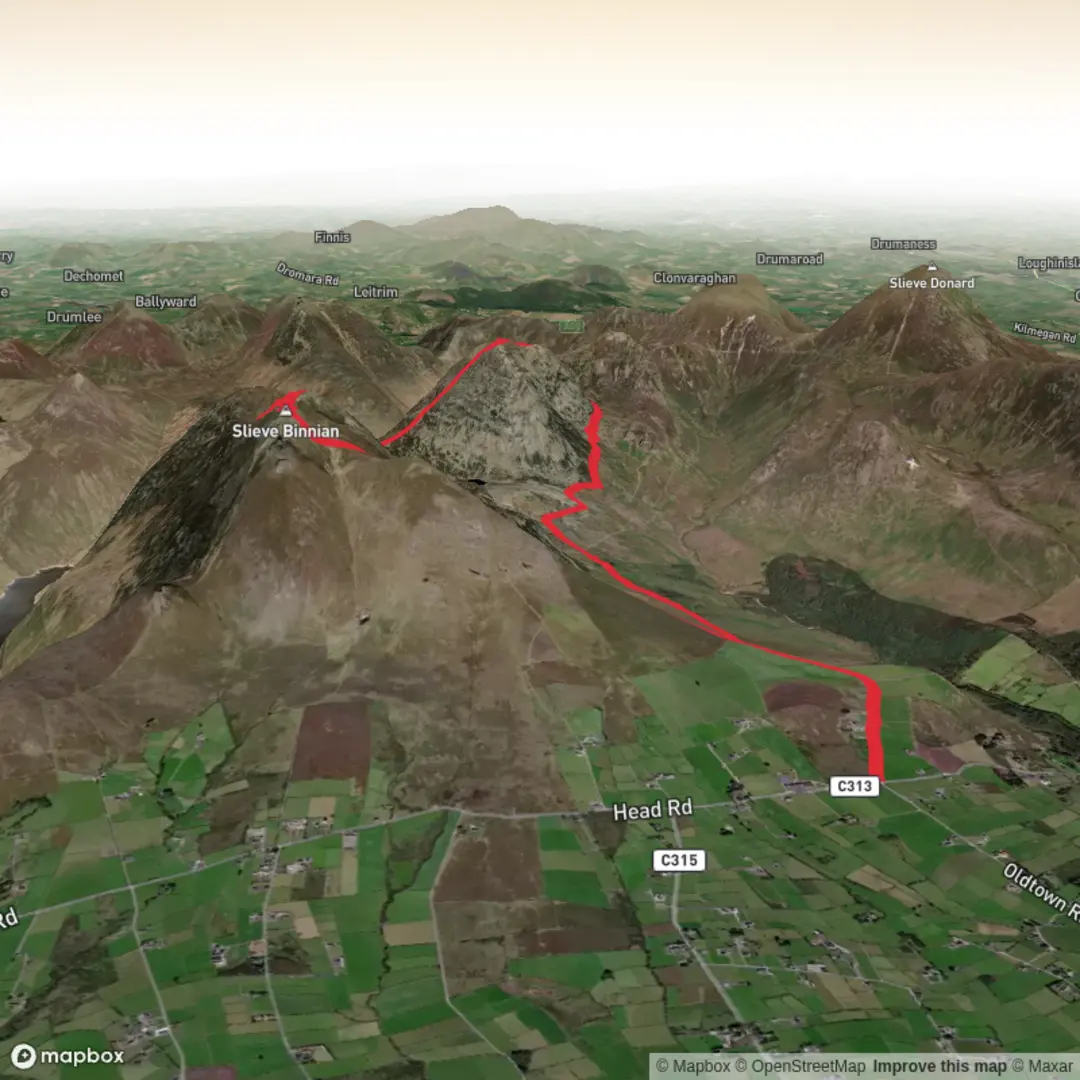 An image depicting the trail Slieve Binnian and Slievelamagan and its surrounding area.