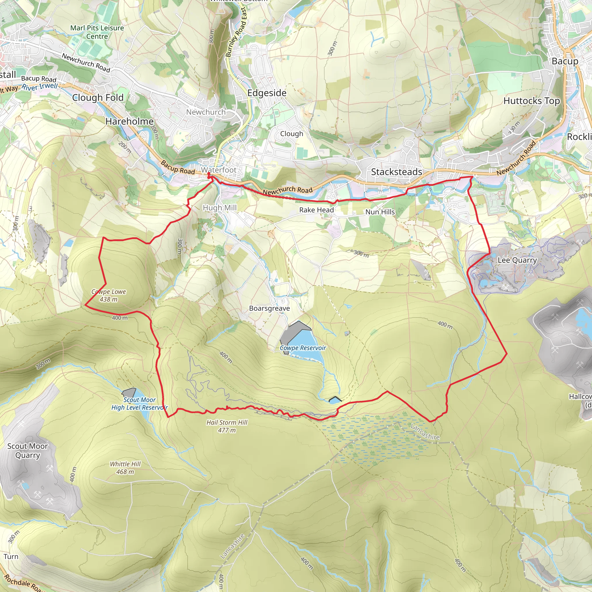 Waterfoot - Cowpe Lowe - Waugh's Well - Top of Leach - Irwell Sculpture Trail mobile static map