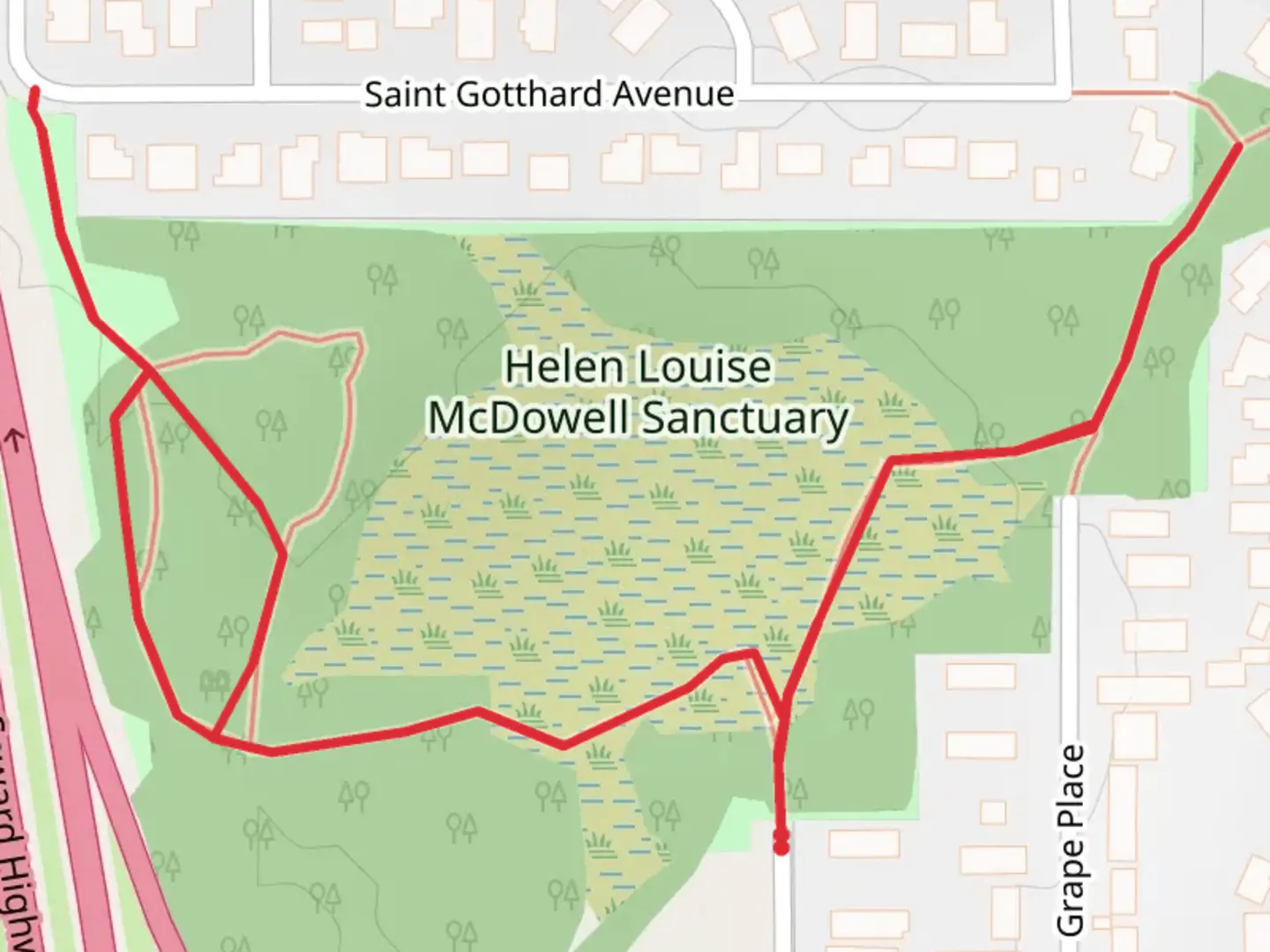 An image depicting the trail Helen Louise McDowell Sanctuary Walk and its surrounding area.