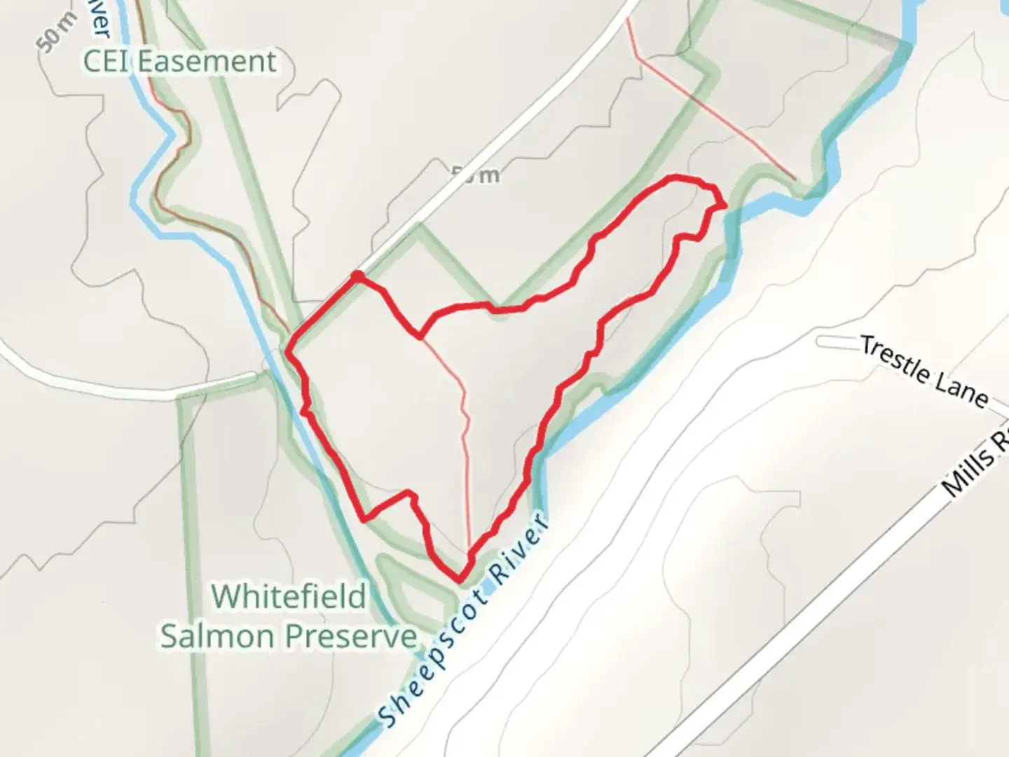 An image depicting the trail Loop along Sheepscot River and its surrounding area.