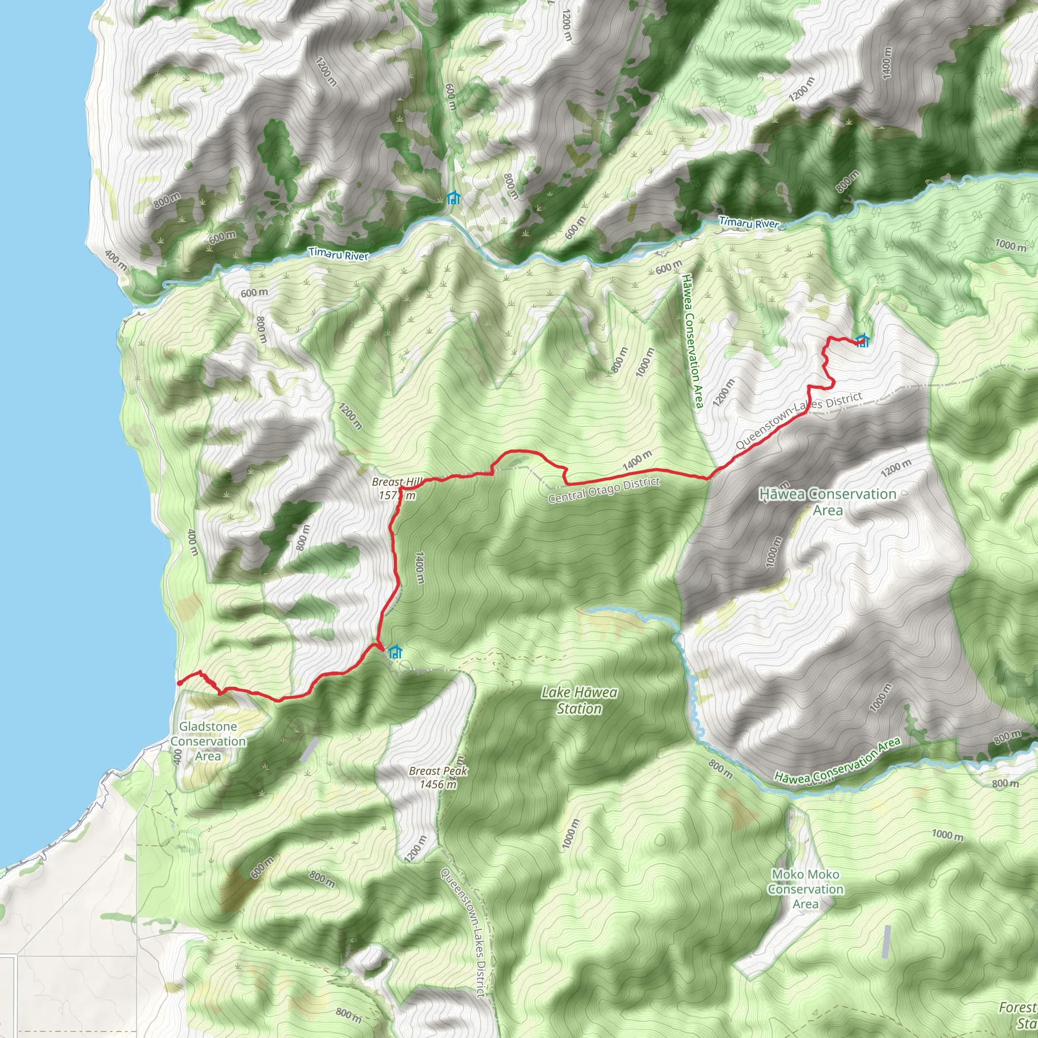 Timaru Creek Road to Stodys Hut via Breast Hill mobile static map