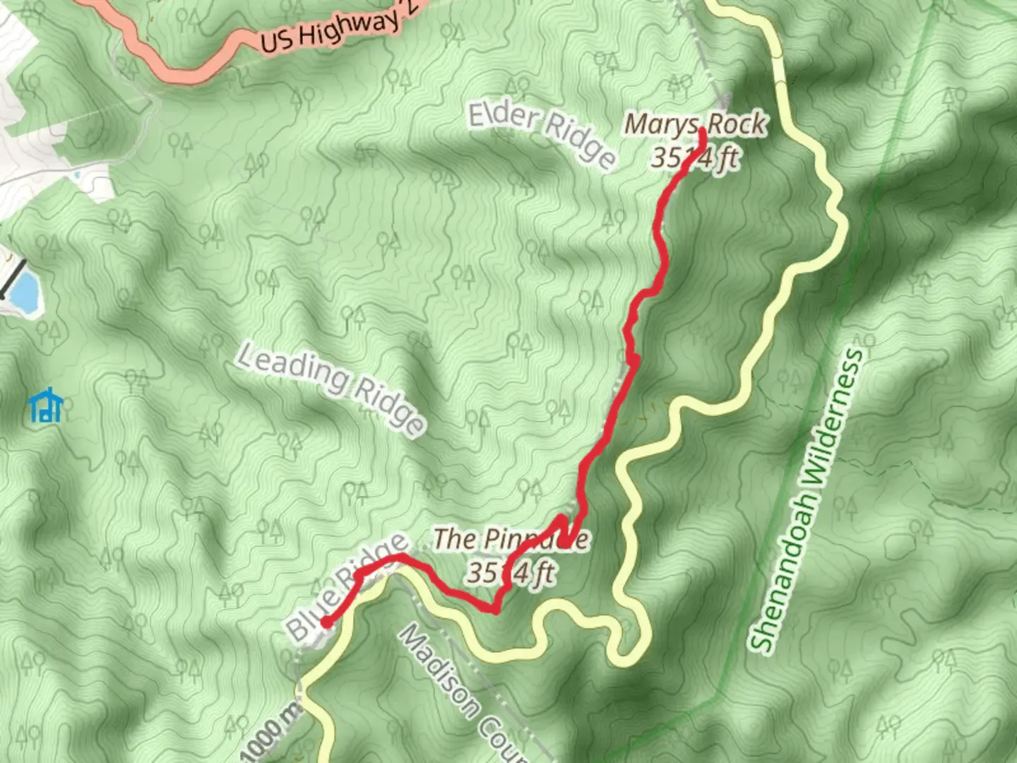 An image depicting the trail Mary's Rock and The Pinnacle via Appalachian Trail and its surrounding area.