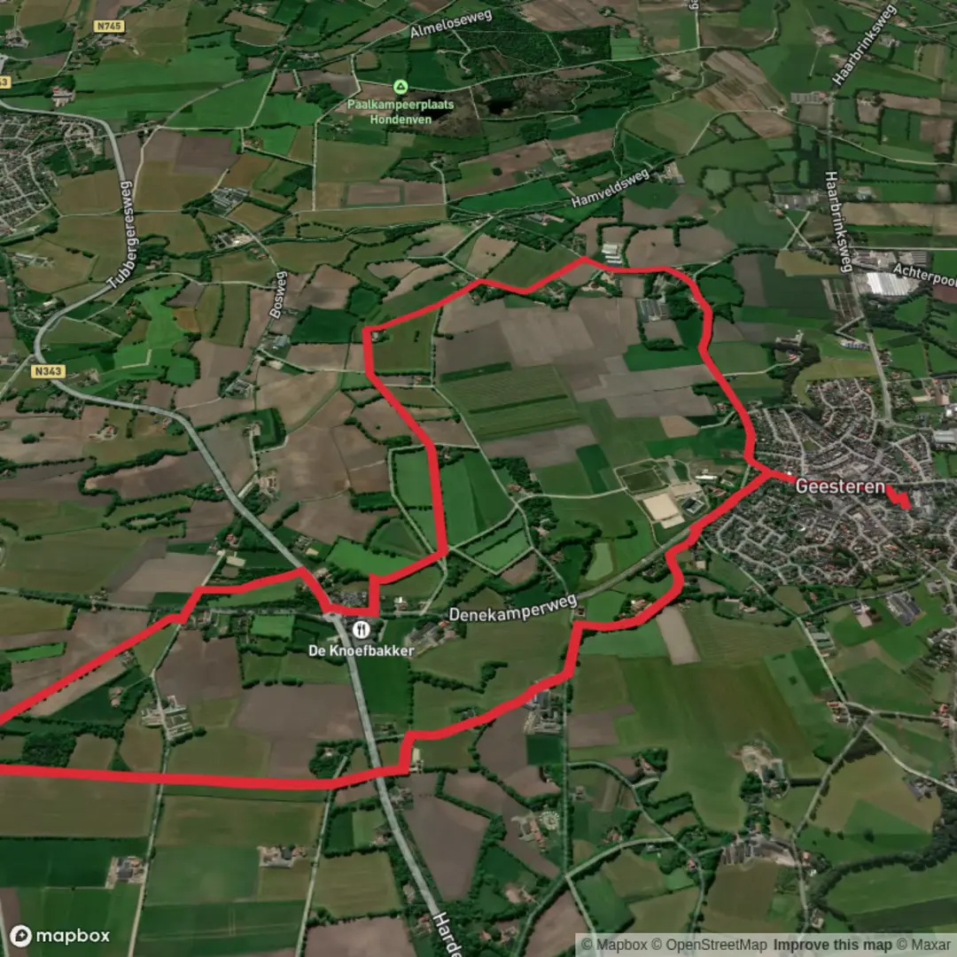 An image depicting the trail De Huijer Oranje Route and Geesteren Rode Route Loop and its surrounding area.