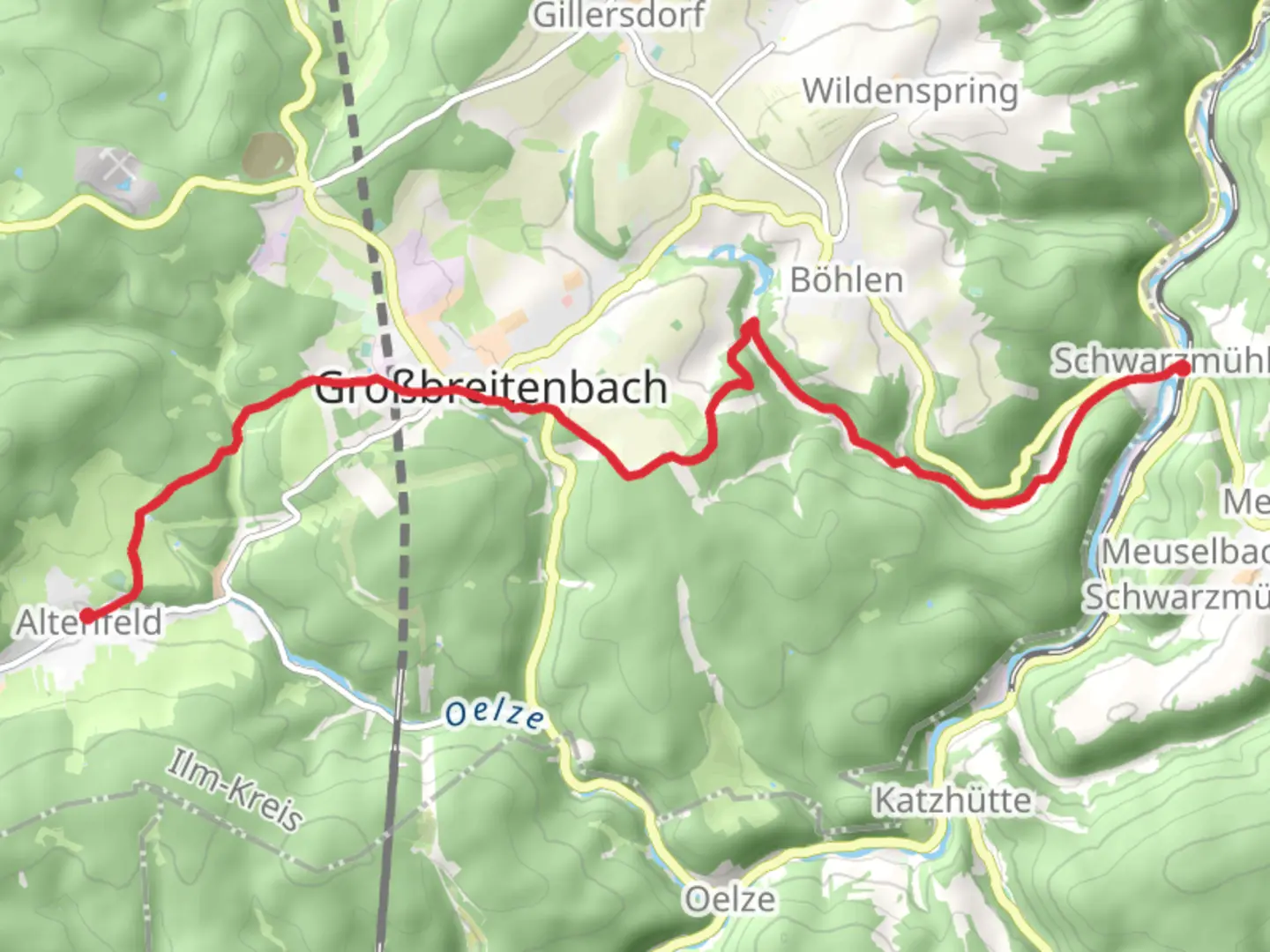 An image depicting the trail Altenfeld to Schwarzmuehle via Hirschgrund and its surrounding area.