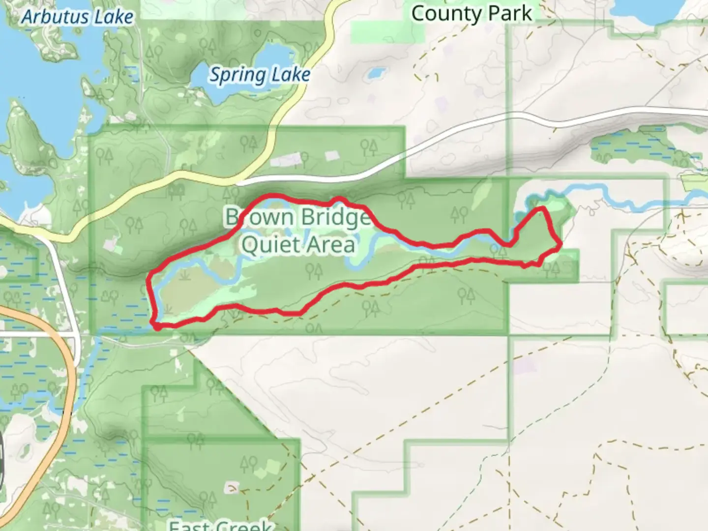 An image depicting the trail Loop along Boardman River - Brown Bridge Road and its surrounding area.