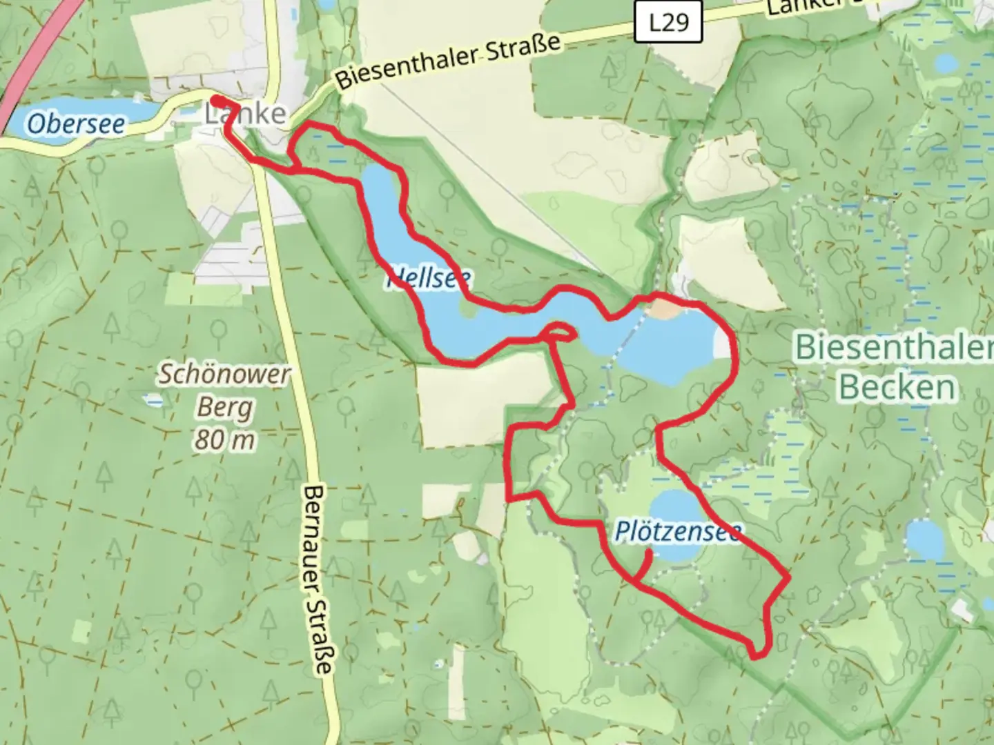An image depicting the trail Hellsee and Plotzensee Loop and its surrounding area.