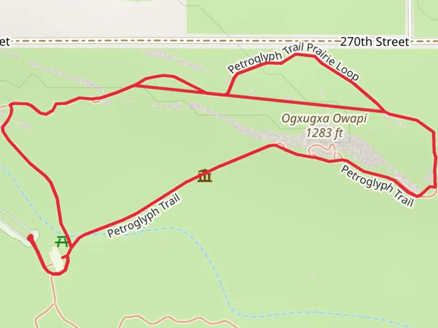 An image depicting the trail Petroglyph Trail and Prairie Loop and its surrounding area.