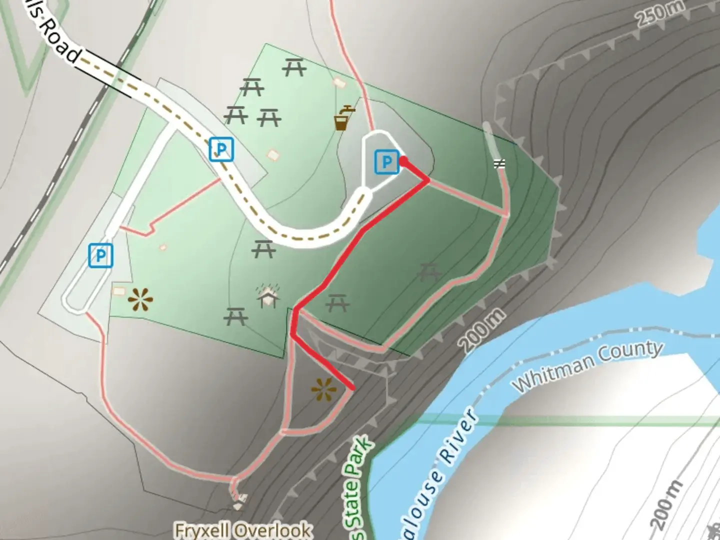 An image depicting the trail Palouse Falls Out and Back and its surrounding area.