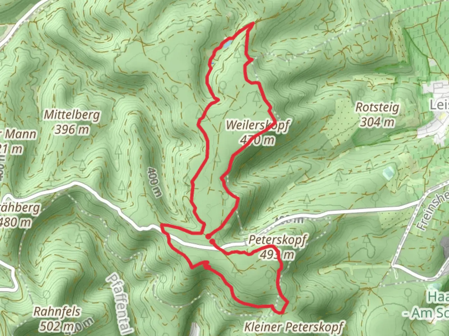 An image depicting the trail Bismarckturm, Kleiner Peterskopf, Ungeheuersee and Weilerskopf Loop and its surrounding area.