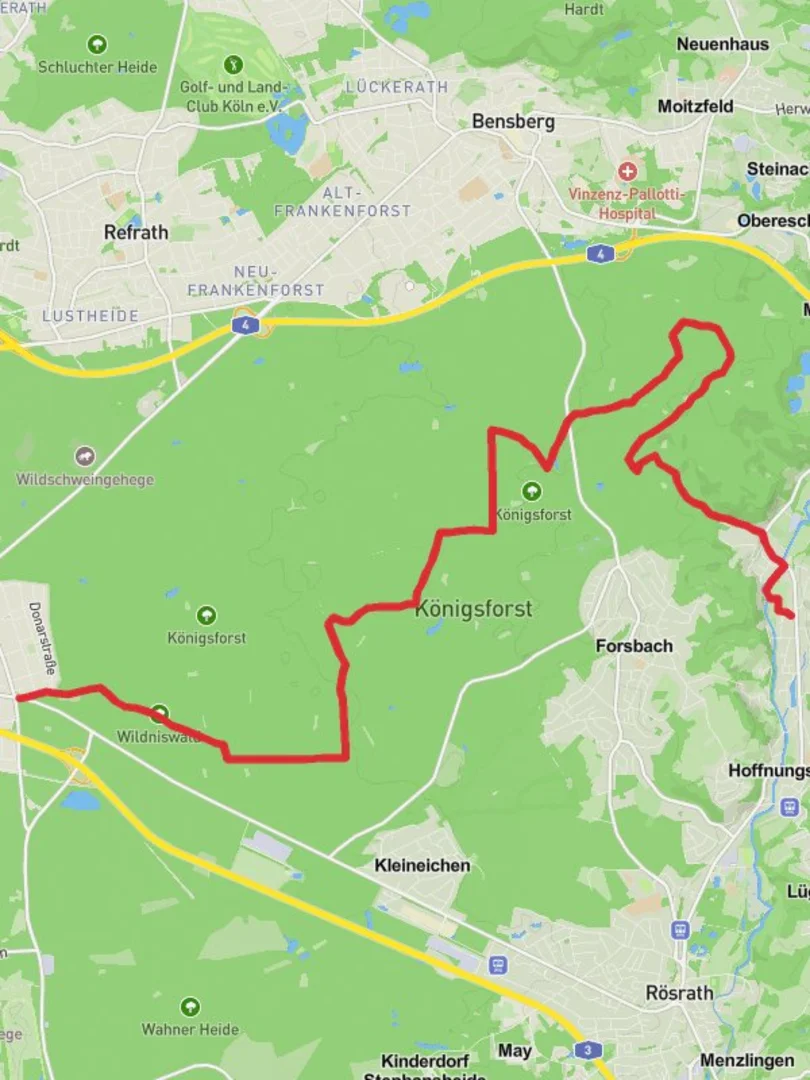An image depicting the trail Konigsforst to Sulze Walk and its surrounding area.
