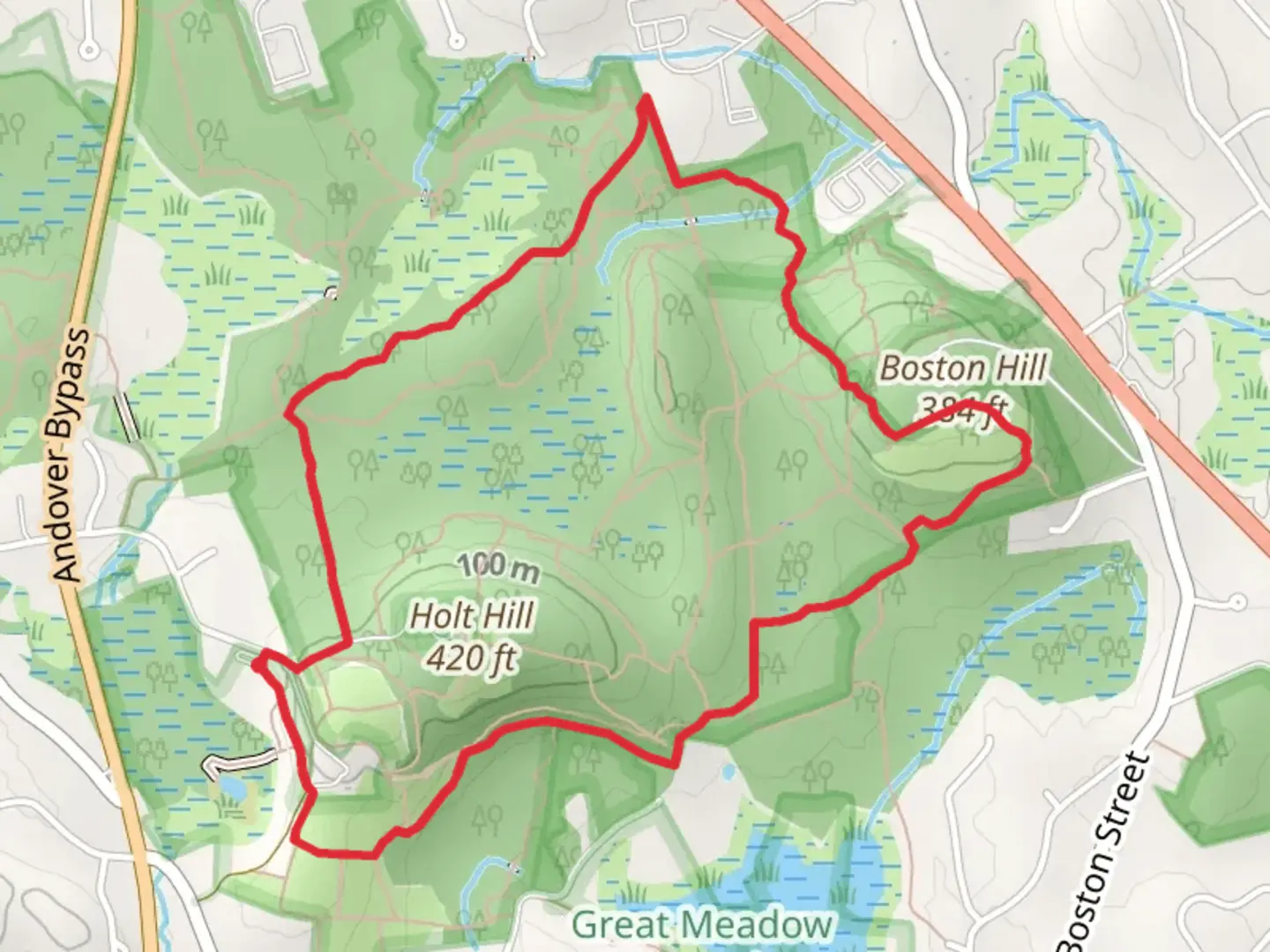 An image depicting the trail Boston Hill Loop and its surrounding area.