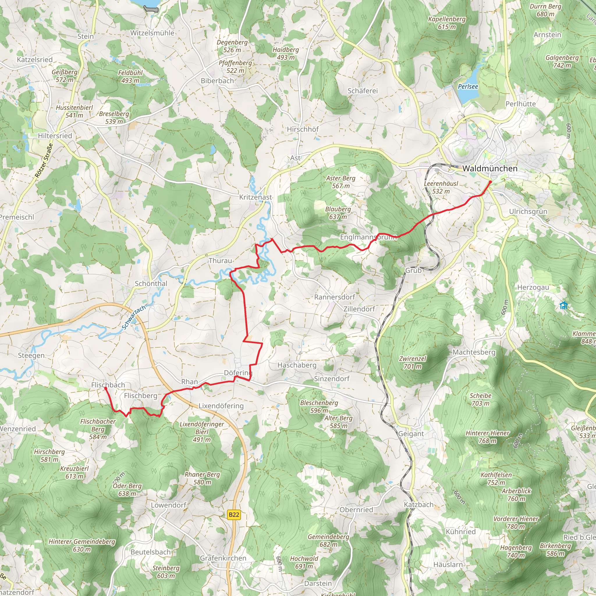 Flischbach to Waldmünchen via Goldsteig mobile static map