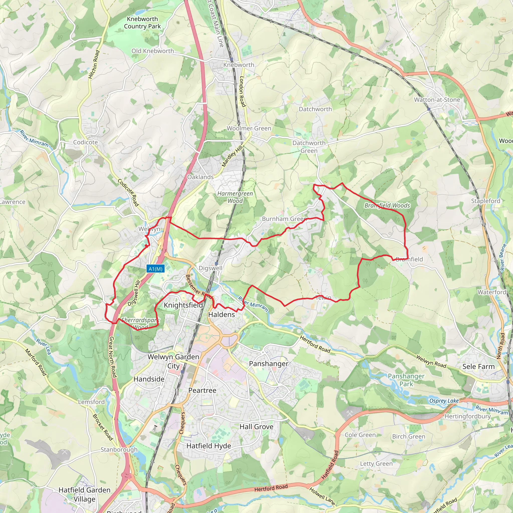 Welwyn, Tewin and Ayot Green Loop mobile static map