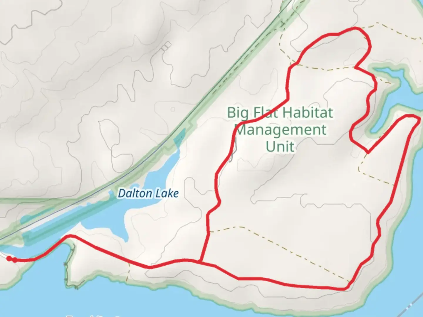 An image depicting the trail Big Flat Habitat management Unit Loop and its surrounding area.