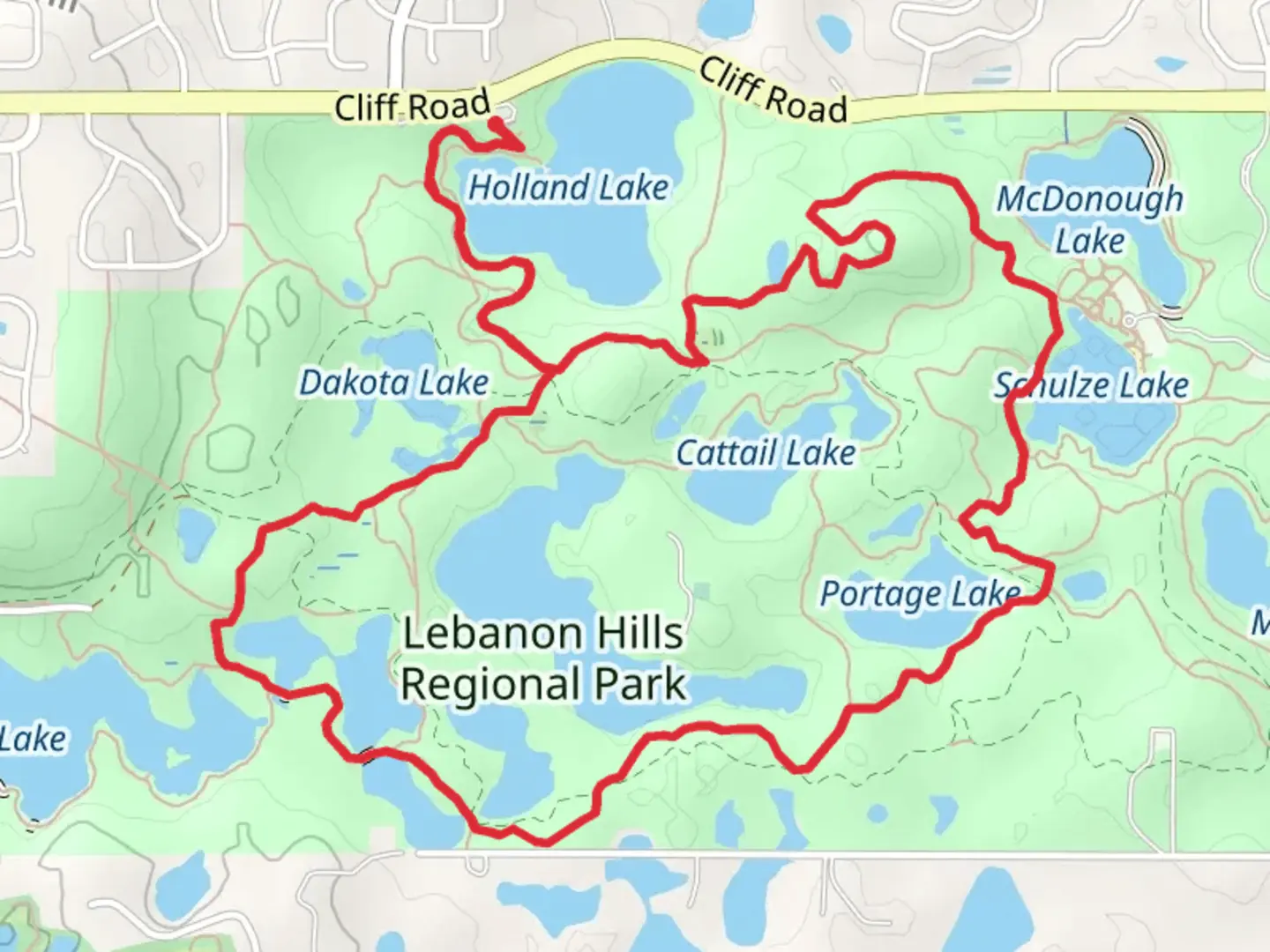 An image depicting the trail Holland Lake, Lily Pond, O'Brien Lake and Cattail Lake Loop and its surrounding area.