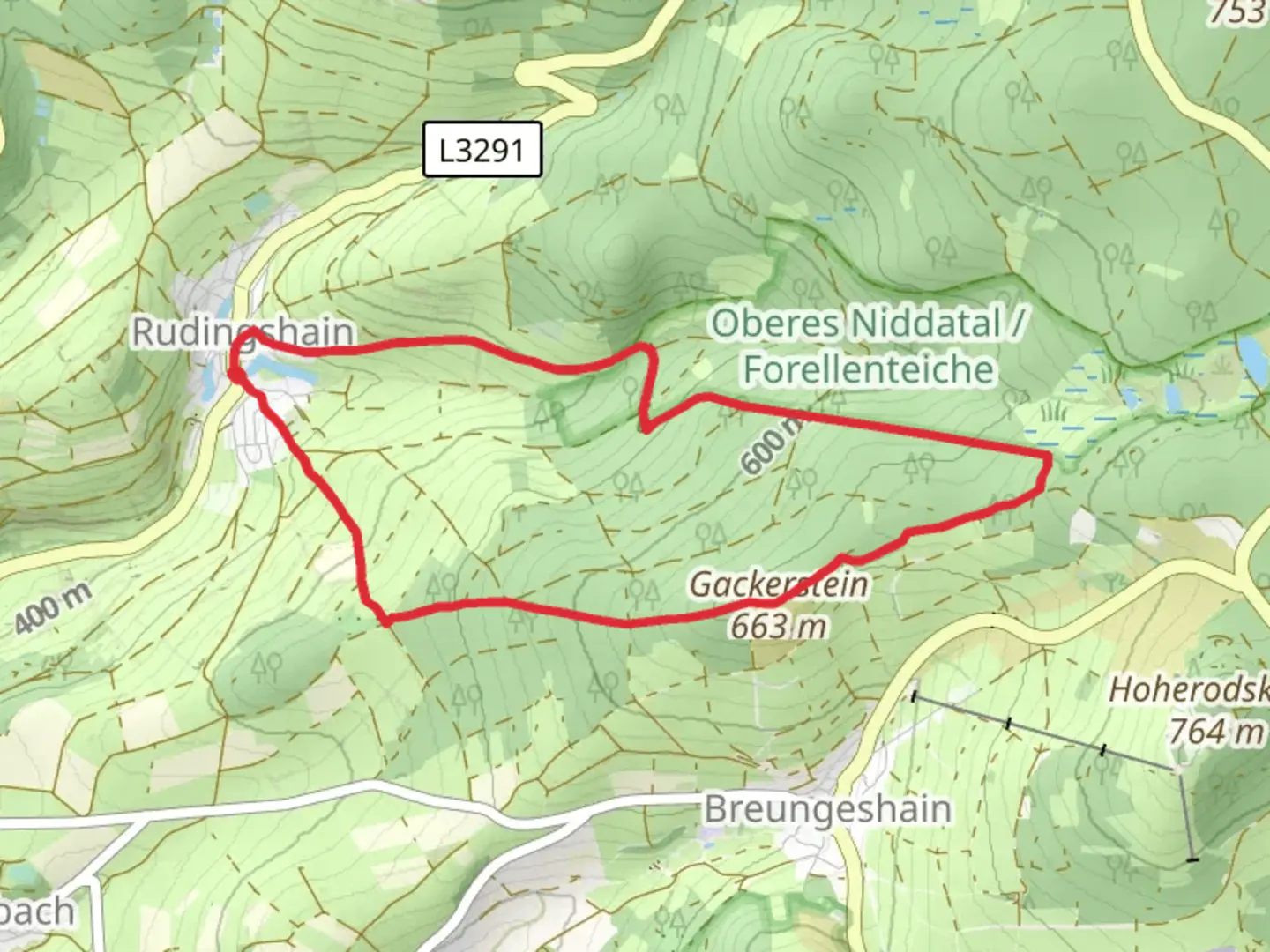 An image depicting the trail Gipfeltour Schotten and Hessenweg and its surrounding area.