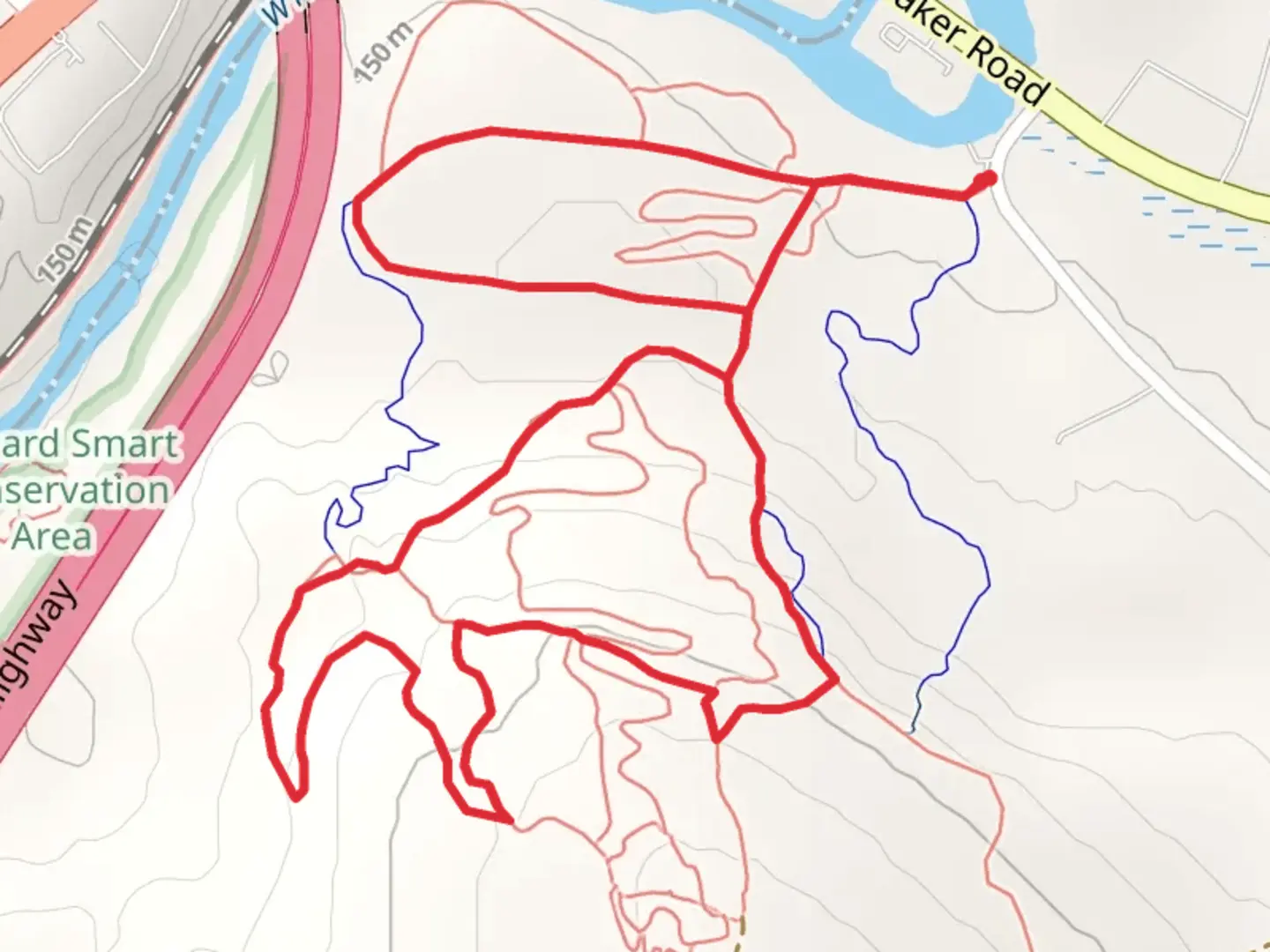 An image depicting the trail Haul Road and Yellow Dot Trail Loop and its surrounding area.