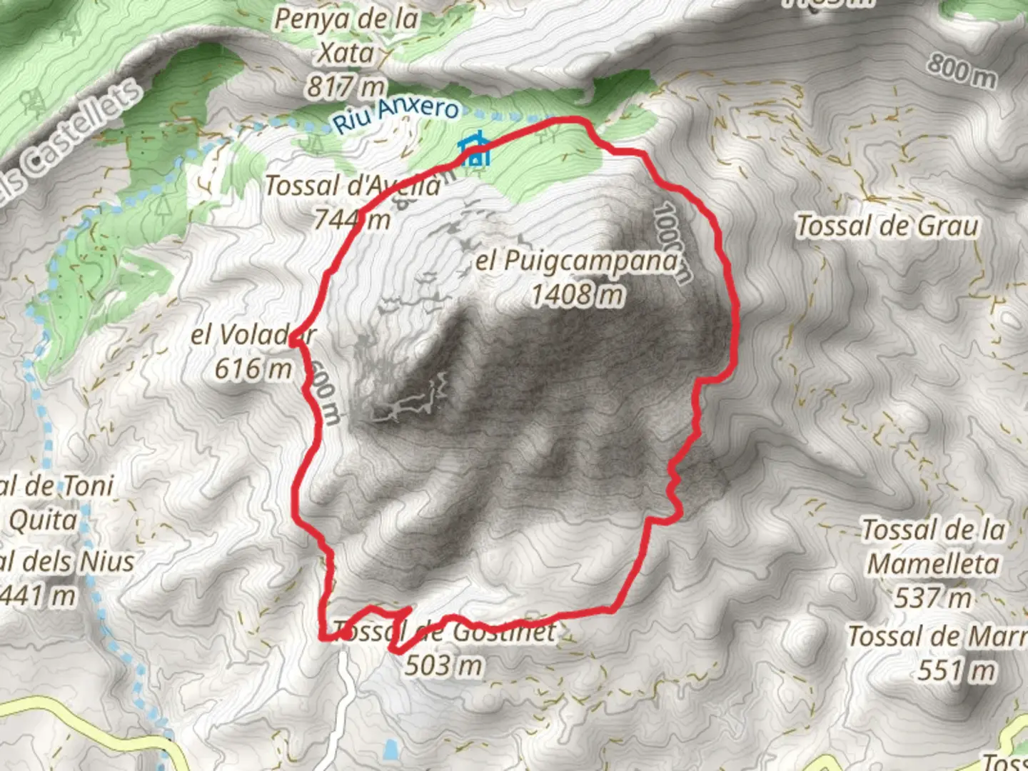 An image depicting the trail Tour around Puig Campana PR CV 289 and its surrounding area.