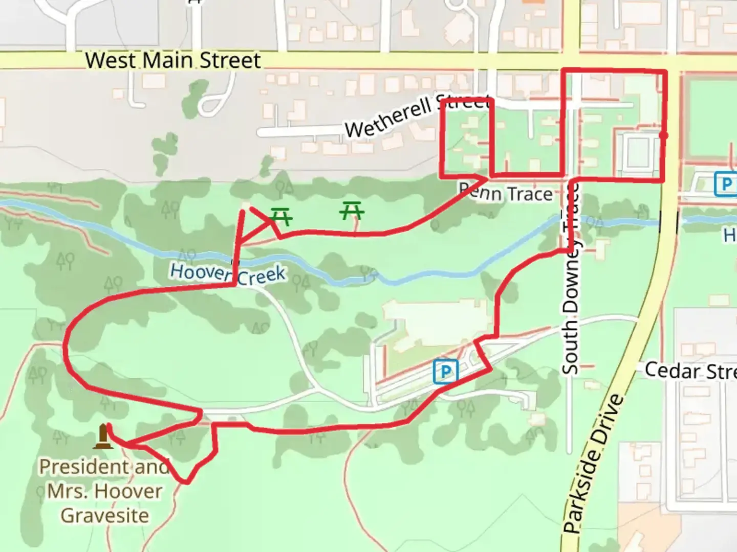 An image depicting the trail Herbert Hoover National Historic Site Loop and its surrounding area.