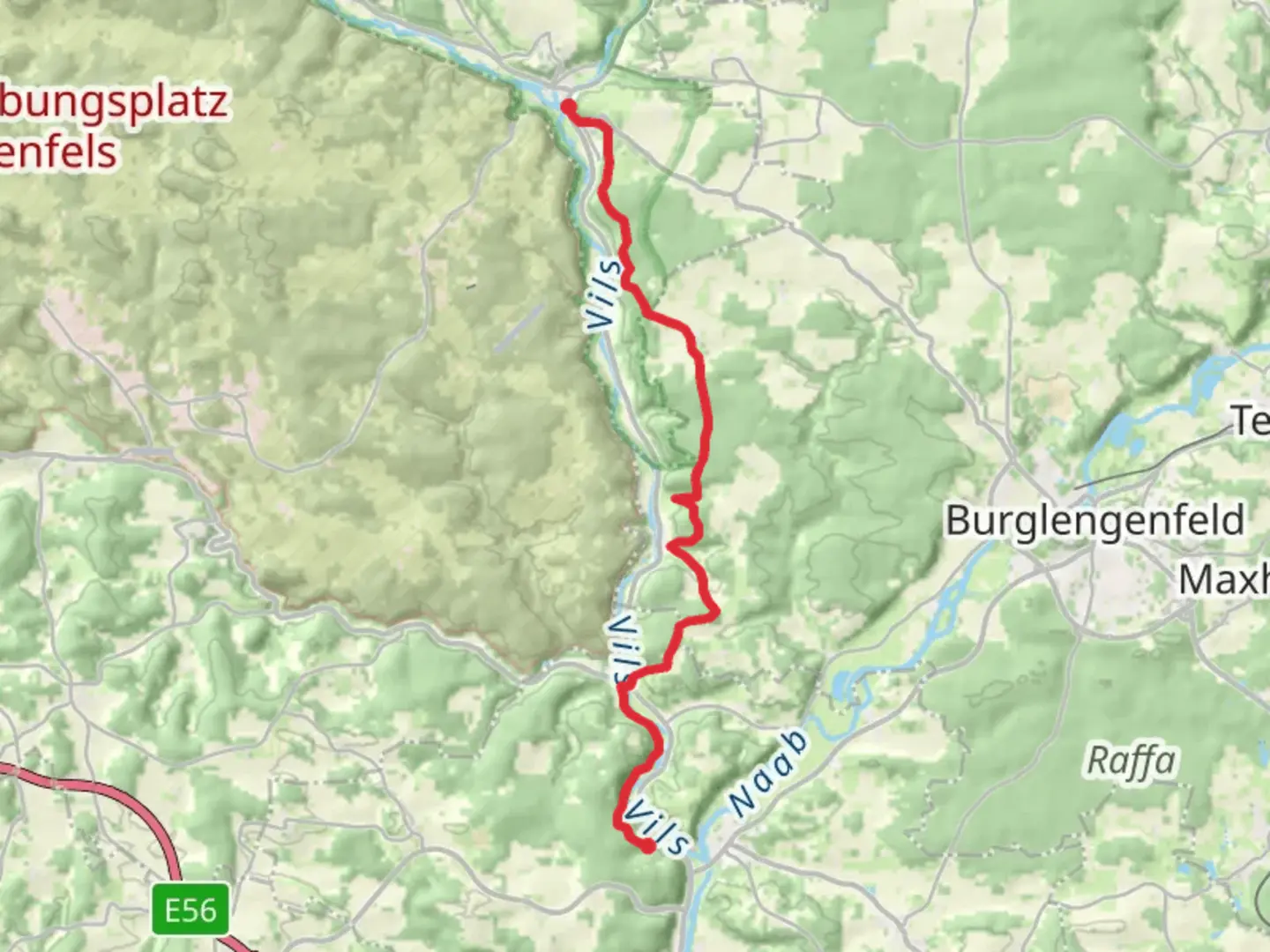 An image depicting the trail Kallmunz to Schmidmuhlen Walk and its surrounding area.