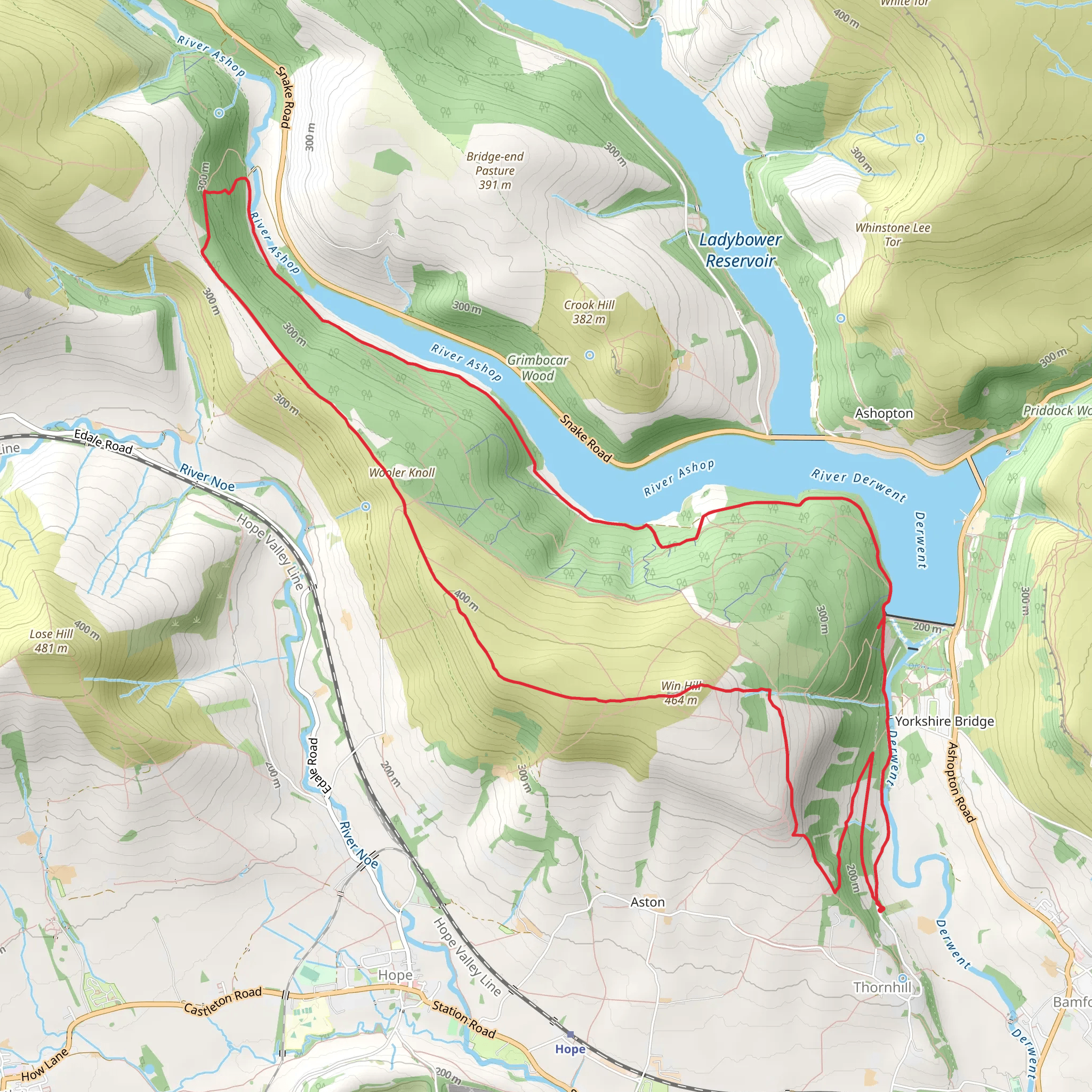 Ladybower Reservoir, Win Hill and Woodlands Valley Loop mobile static map
