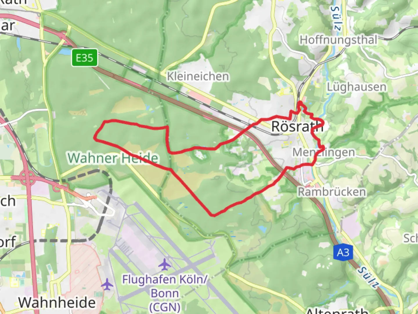 An image depicting the trail Rosrath and Wahner Heide Loop and its surrounding area.