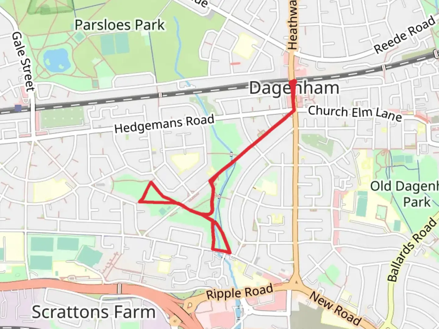 An image depicting the trail Goresbrook Park Loop and its surrounding area.