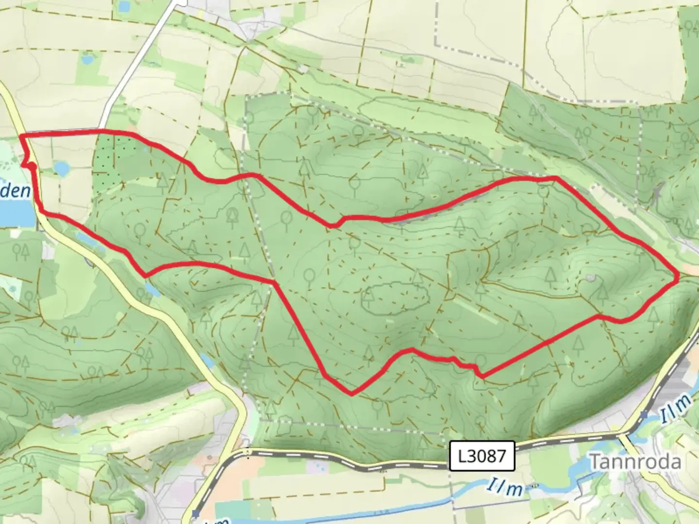 An image depicting the trail Kranich Rundwanderweg and Hauptwanderweg Eisenach - Jena and its surrounding area.