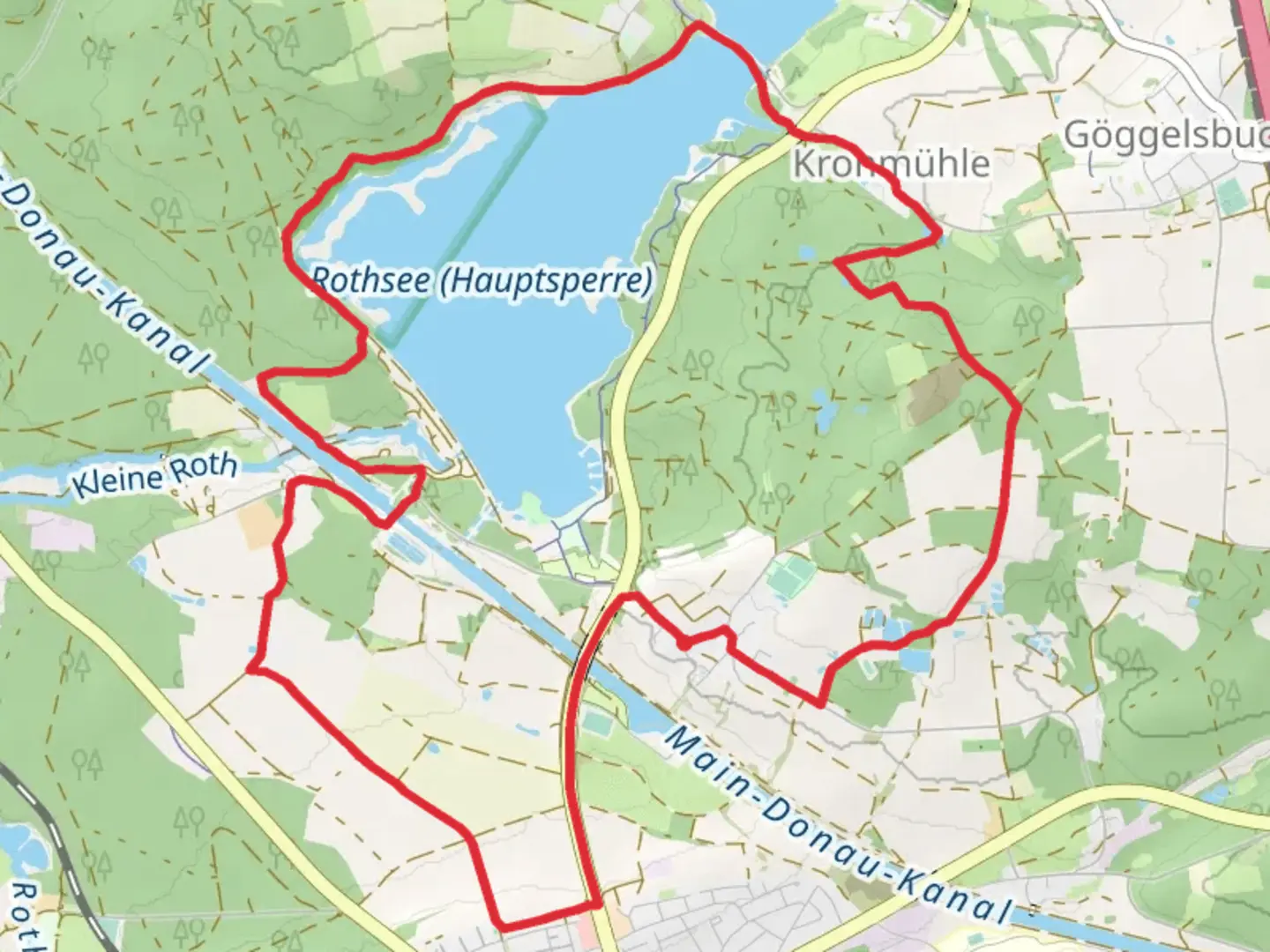 An image depicting the trail Rothsee via Fischlehrpfad and Rund um Heuberg and its surrounding area.