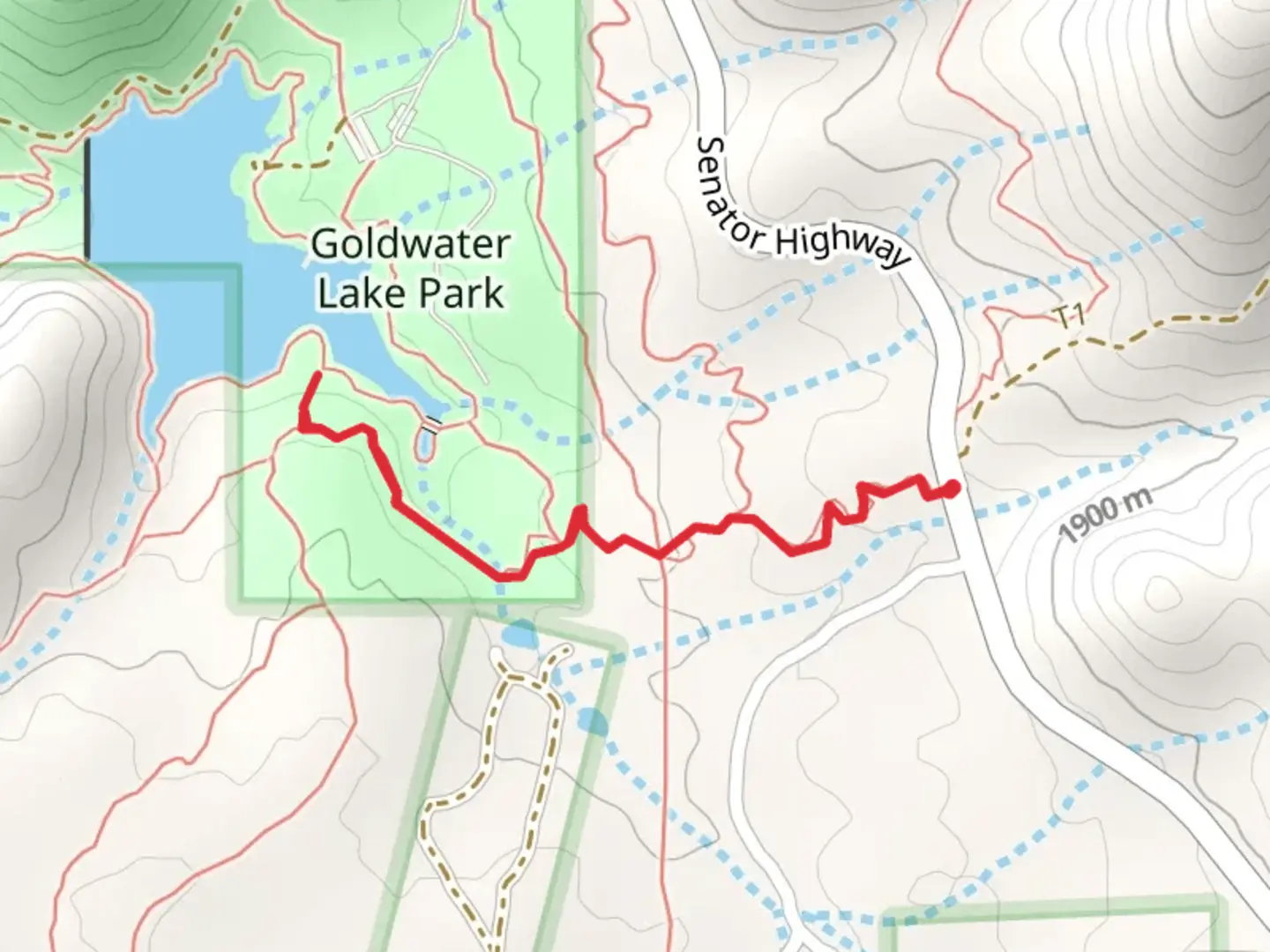 An image depicting the trail Upper Goldwater Lake via Prescott Circle Trail and its surrounding area.