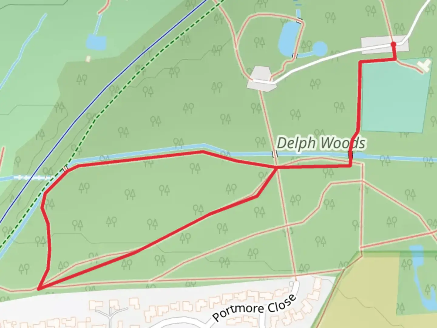 An image depicting the trail Delph Woods Walk and its surrounding area.