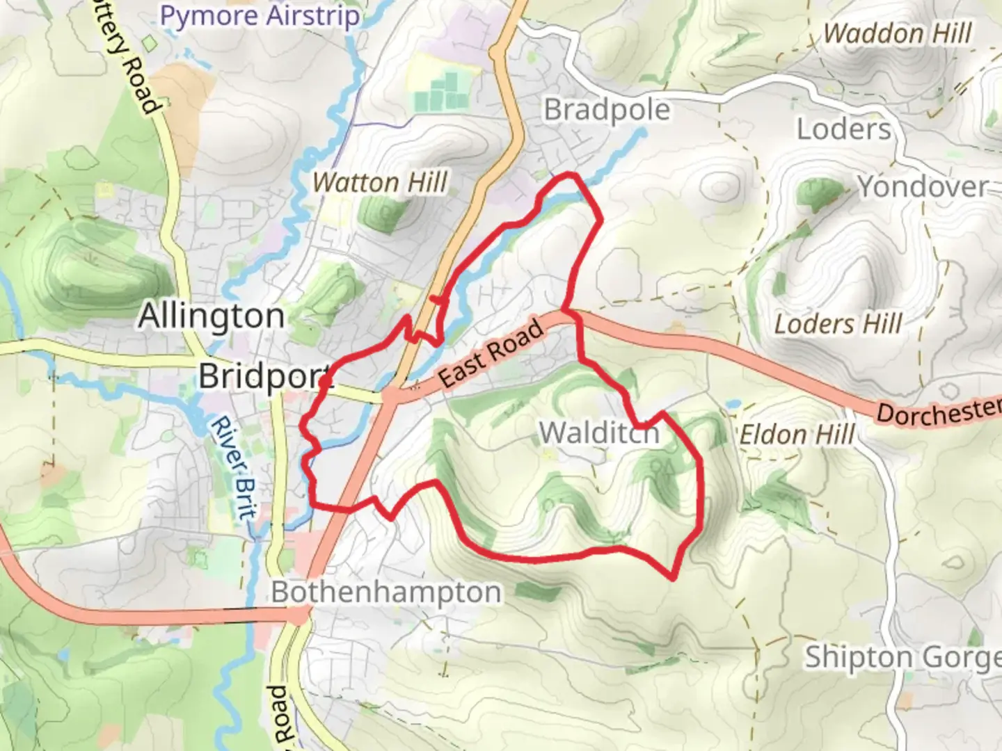 An image depicting the trail Bridport and Walditch Loop and its surrounding area.