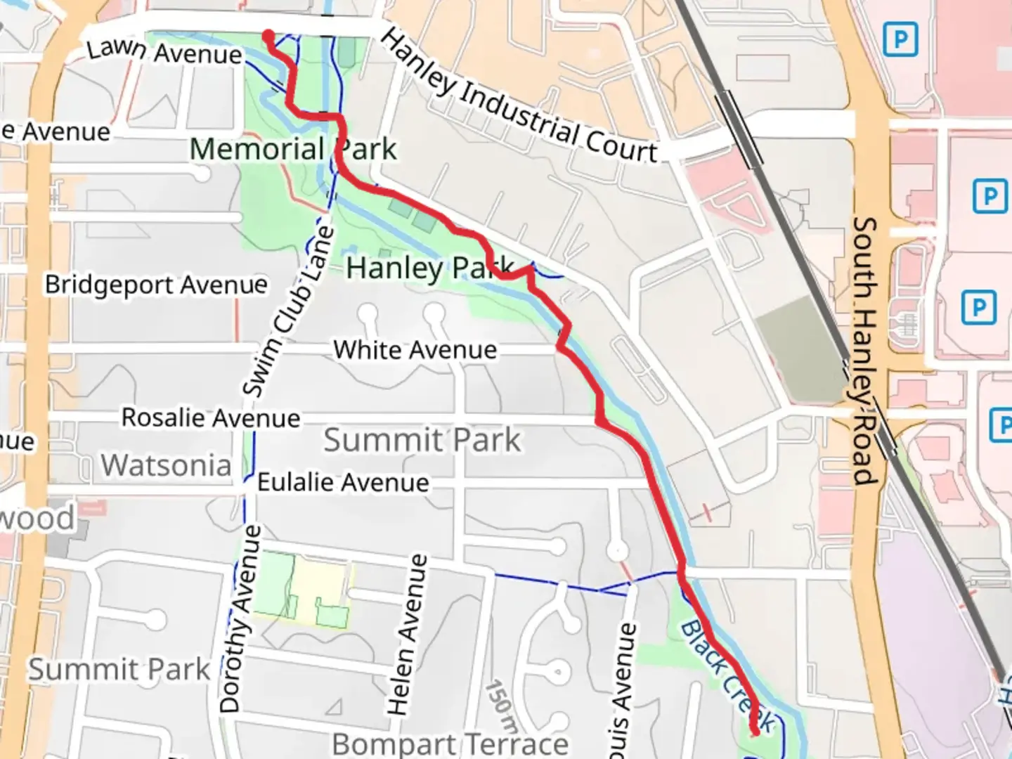 An image depicting the trail Memorial Park, Hanley Park and Oak Tree Park and its surrounding area.