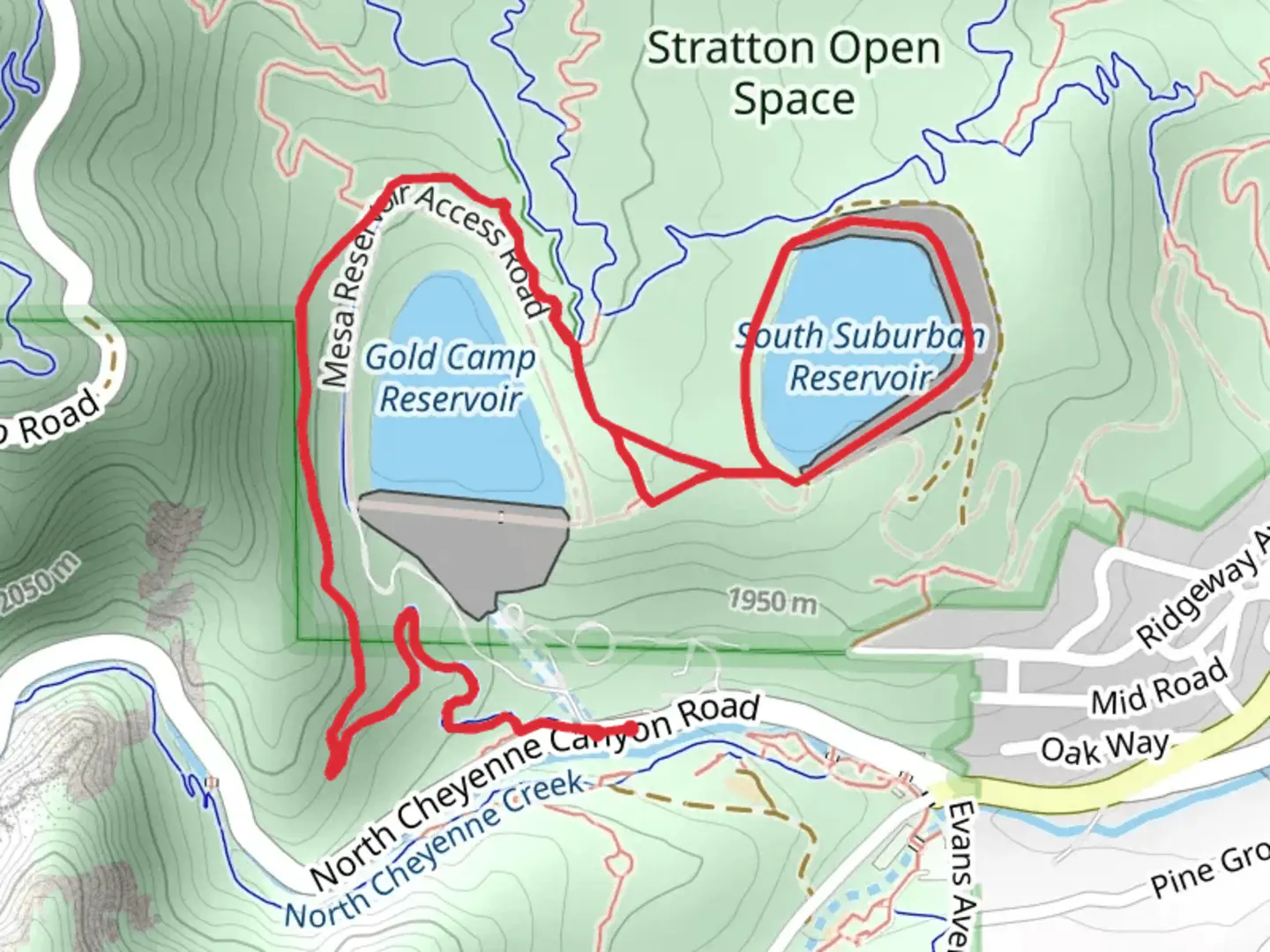 An image depicting the trail Gold Camp reservoir and South Suburban Resrvoir via Chamberlain and its surrounding area.