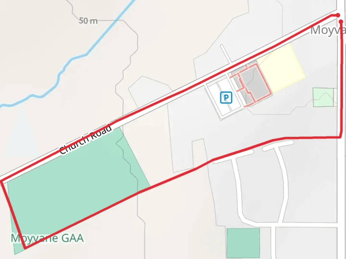 An image depicting the trail Moyvane Village Walks - Village - Sportsfield Way and its surrounding area.