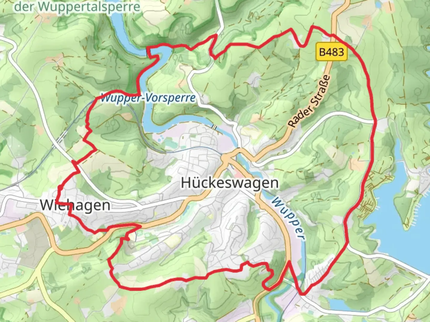 An image depicting the trail Wupper via Rund um Hueckeswagen and its surrounding area.