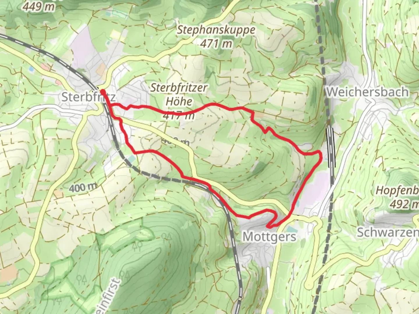An image depicting the trail Kreuzbergweg and Sterbfritz Rundweg and its surrounding area.