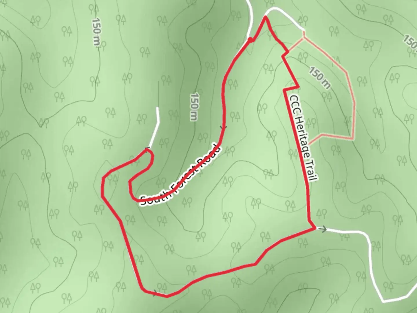 An image depicting the trail South Forest Road Loop and its surrounding area.